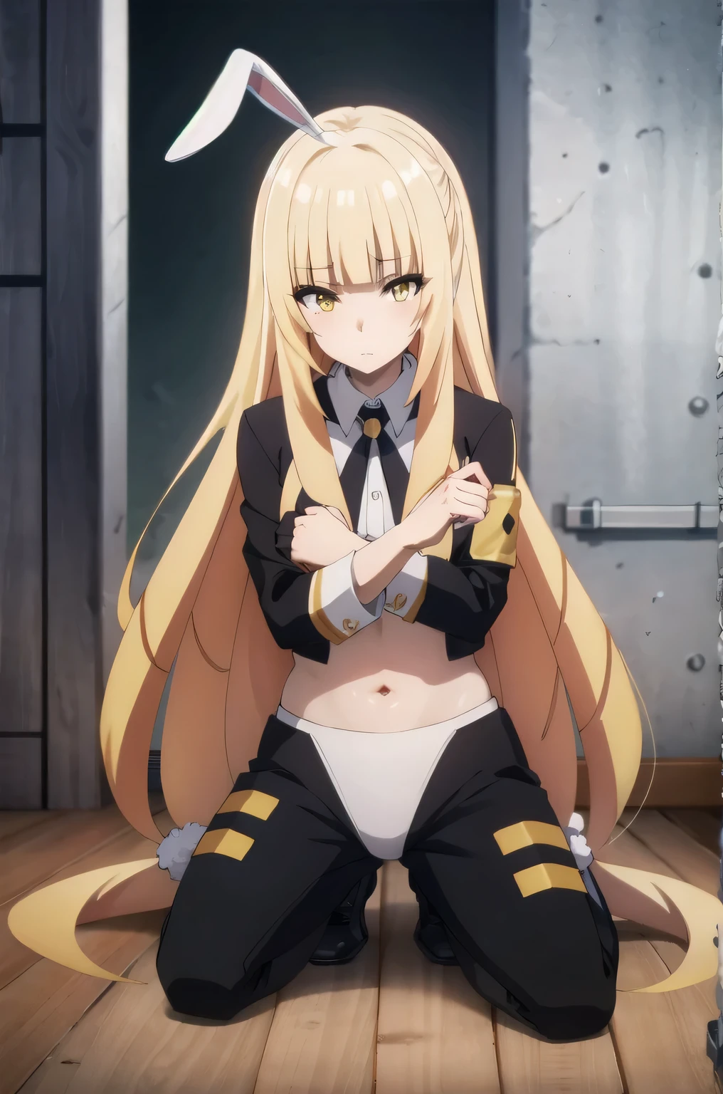 masterpiece, high quality, depth of field, dramatic light, best shadow, best illumination, (backlighting), 8k, beautiful lighting, best quality, highres, female focus, 1girl, solo, look at viewer, full body, sexy body, midriff, Inflated body, bunny suit,1Girl, solo,yellow eyes, blonde hair, long hair,BREAK
