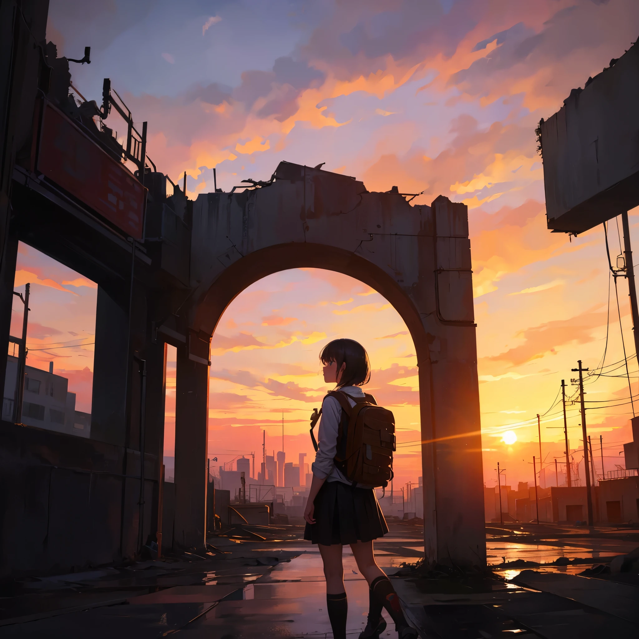 ８K, highest quality, A ruined factory, a wasteland, a girl traveling, carrying a backpack, a fantastic sunset