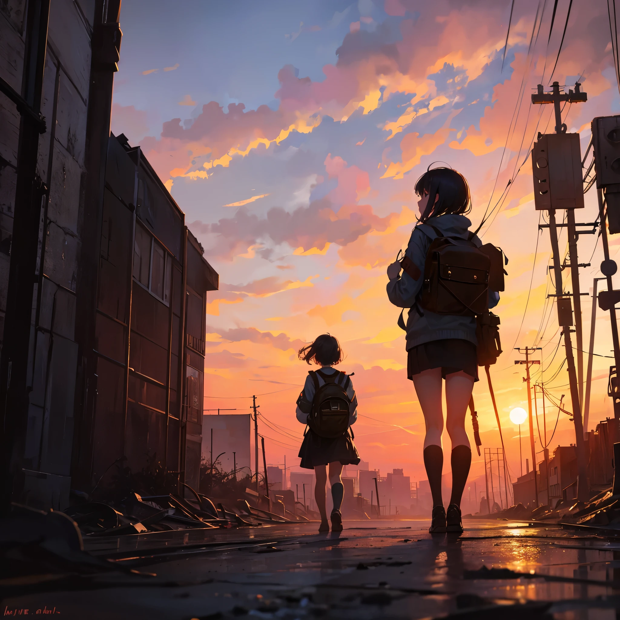 8K, highest quality, A ruined factory, a wasteland, a girl traveling, carrying a backpack, a fantastic sunset