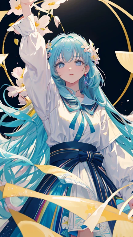 (masterpiece), (highest quality), (super detailed),(messy hair),(figure), (1girl), (fashionable clothes), Are standing, Fashion Model, looking at the viewer, (interview), (simple background),detailed and beautiful eyes, delicate beautiful face, floating,(high color saturation),(colorful splashes),colorful bubble,(shining), focus on face, kamisato ayaka, light blue hair, bangs, hair ring, floating flowers, Floating hair.girl, anime waifu, looking at the viewer, very detailed, reflection、transparent iridescent colors, Transparent rainbow RGB long hair, artby Serafleur from artstation, thick acrylic,figure on pixiv, waist up portrait, ゴージャスな神聖なgirl, highest quality, super detailed,sad,Smart,beautiful face , beautiful lighton black background, Character screen rendered by Octane,