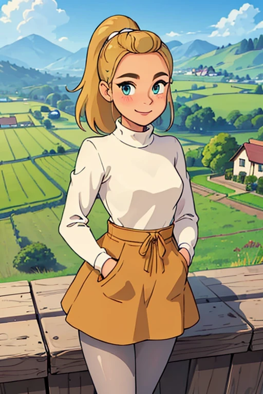 (masterpiece, best quality:1.2), cowboy shot, solo, 1girl, adora \(she-ra\), smile, looking at viewer, hands in pockets, ponytail, sweater dress, pantyhose,Setting: Lush green fields with rolling hills in the background. A small village with thatched-roof
huts sits nestled amongst the fields. Bright blue sky with a few fluffy white clouds.