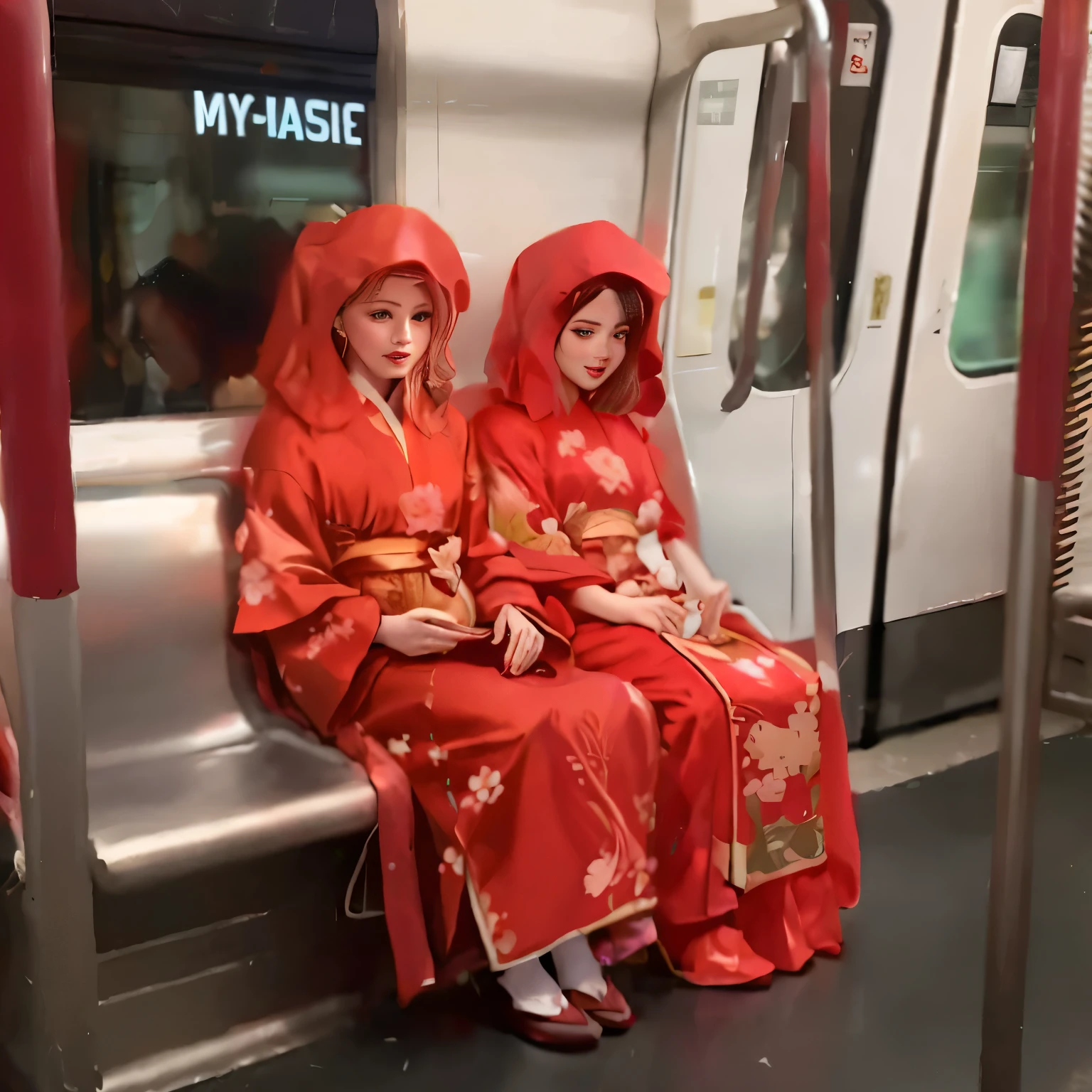 two women in red dresses sitting on a subway train, wearing red robes, fully clothed in red robes, red robes, wearing gilded red robes, red kimono, wearing red attire, wearing red clothes, japaneese style, wearing flowing robes, wearing simple robes, inspired by Torii Kiyonaga, traditional geisha clothing, wearing royal kimono, wearing a kimono