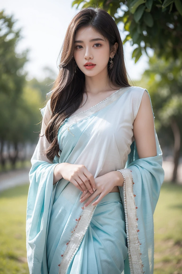 White tie-dyed silk saree with white, brown and aquamarine Nakshi Kantha embroidery. Comes with matching unstitched blouse piece attached at the end of saree. Blouse shown in the photo is a styling suggestion, it is not a part of the actual product.