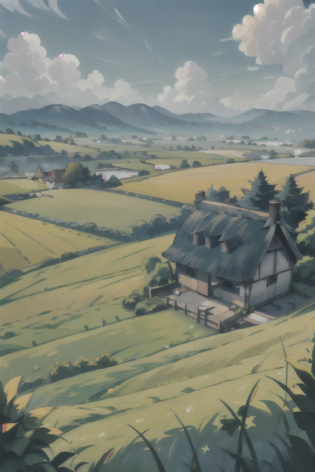 (masterpiece, best quality:1  Lush green fields with rolling hills in the background. A small village with thatched-roof,
huts sits nestled amongst the fields. Bright blue sky with a few fluffy white clouds.,