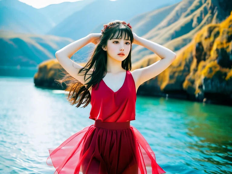 (a girl) (beautiful girl, Perfectly detailed, mesmerizing and seductive.best quality、masterpiece、ultra high resolution)(18 year old Japanese girl) Standing with one left foot on the rock by the lake.Lift your right foot high.Push your right hand forward.Stretch your left hand back(Scene imitating the ballet Swan Lake).Ballet dancing facing the lake .best quality、masterpiece、ultra high resolution、(Photo realism:1.4)、original photo)(shadow、octane rendering、8K、Super sharp. realistic light)、

A beautiful Japanese girl wearing a red tutu，Standing on the rocks by the lake in the afternoon。Against the background of blue sky and heart-shaped lake。
