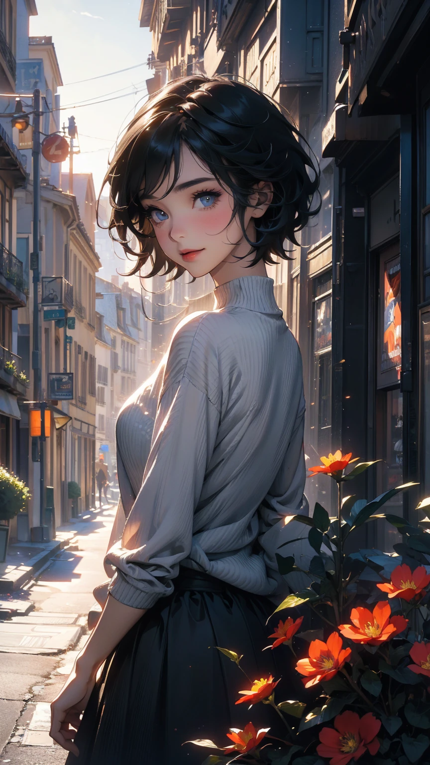 (Highly detailed CG unit 8k wallpaper, masterpiece, High resolution, highest quality, natural skin texture), Composition from head to stomach:1.5, (20 year old woman, Ash gray asymmetrical short hair:1.5, smile, detailed eyes, gradient eyes), (Stalinist and inorganic modern fashion, Solid mock neck pullover sweater), (Backstreets of Paris:1.3, Colourful flower beds along the road, cinematic lighting), high contrast, hyper realistic, digital painting, concept art,