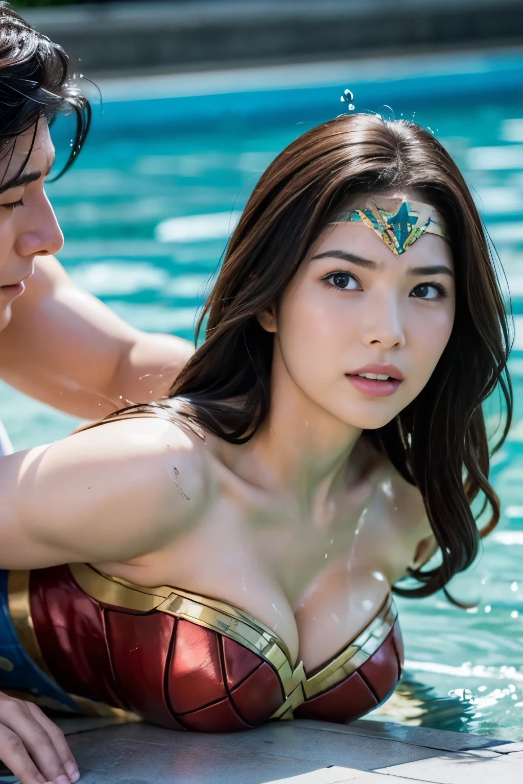 perfect wonder woman costume,crawl on all fours,Face submerged in water,,Submerge your face in water,inside the pool,Inside the fountain,Soaked in water,Soaking wet wonder woman,sleeping face,Close ~ eyes,open your mouth,tired face,face of suffering,sleeping face,soaking wet hair,Soaked Hair,wet body,fight the men,surrounded by men,,caught between men,being tackled by men,Intertwining with men, Attacked by men,assaulted by men,Being bullied by guys,being sexually abused by a man,Captured by a man,Being detained by a man、touch your face,、Hair is pulled hard,My head is grabbed,Grab my head,brown hair, masterpiece、beautiful girl、fine 目、puffy eyes、highest quality, 超High resolution, (reality: 1.4), movie lighting,super beautiful、beautiful skin、(超reality的な)、(High resolution)、(8K)、(very detailed)、(beautiful and fine 目)、(Super detailed)、 detailed face、slanted bangeshi hair、brown hair、20-year-old、Wonder Woman Cosplay