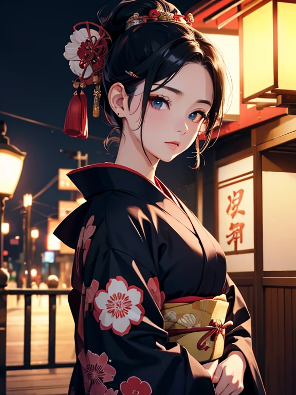 Oiran Dochu、Put your hair up high、She wears gorgeous hairpins and ornaments on her head.、woman1name、strong will。strong gaze、adult sex appeal、dark atmosphere。 black hair、beautiful, blue eyes, ,night light ((8K, Hmm, surreal))、she is wearing a proper yukata。glare、spring。Cherry-blossom viewing。Navy Kimono