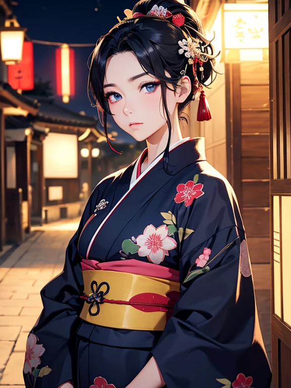 Oiran Dochu、Put your hair up high、She wears gorgeous hairpins and ornaments on her head.、woman1name、strong will。strong gaze、adult sex appeal、dark atmosphere。 black hair、beautiful, blue eyes, ,night light ((8K, Hmm, surreal))、she is wearing a proper yukata。glare、spring。Cherry-blossom viewing。Navy Kimono