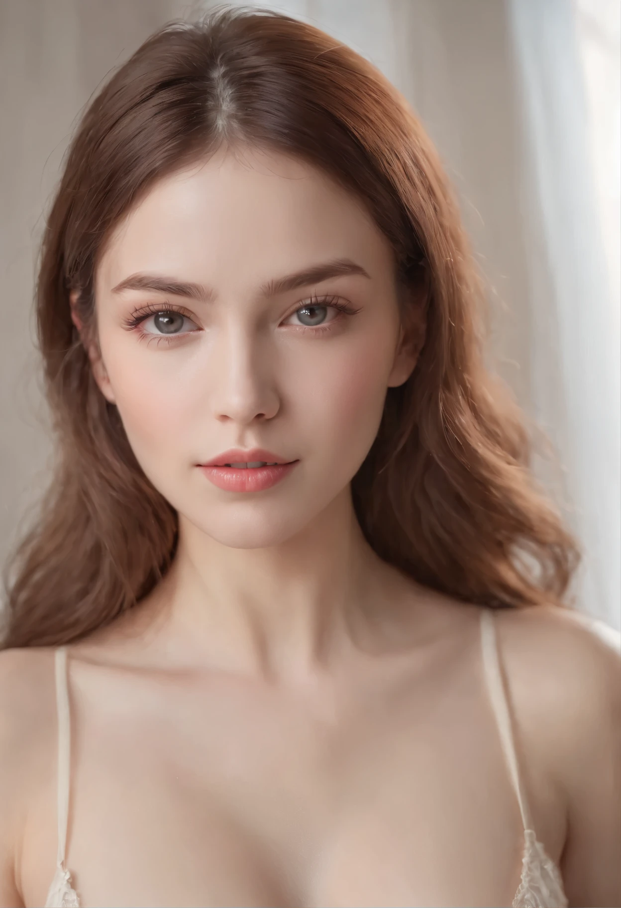 NSFW, GinaBanini, tight clothes, open mouth, (((ultra realistic))) Photo, masterpiece, top quality, (pale skin), (Ultra detailed face and eyes:1.3), 1 girl, Adult, in a T-shirt, full body, (Eye makeup, mascara) , ((large detailed lips)), ((ash wavy hair)), ((Chyolka)) , (Natural breasts), Slim waist. ((Posing)), photoshoot, studio (soft lighting), (The play of light and shadows), depth of field, bokeh, (special attention to skin detail: 1.2), Detailed leather texture, skin pores. (Airy atmosphere of the frame. Color range - delicate, Bright, white, Pink tones), UDR, ((Film grain)), ((rays)), ((glare of the sun)), ((waist up portrait, close to the camera)) , ultra detialed, nude, full body shot