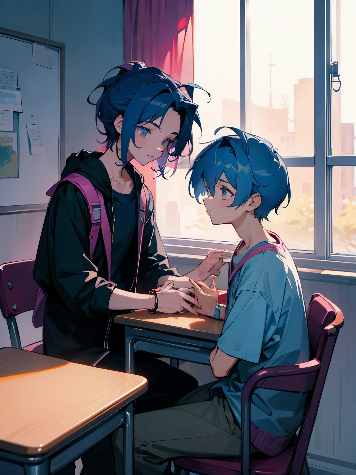 cartoon of two boys sitting at a table with a book and a backpack, ddlc, in the art style of 8 0 s anime, 9 0 s anime style, 90s anime style, in anime style, in an anime style, anime aesthetic, anime vibes, 9 0 s anime aesthetic, 9 0 s anime art style, lofi boy, typical anime classroom, beautiful background window, two cute boys, beautiful faces, two boys, don't extra hands, NO extra hands, generate two boys with NO extra hands, NO extra arm