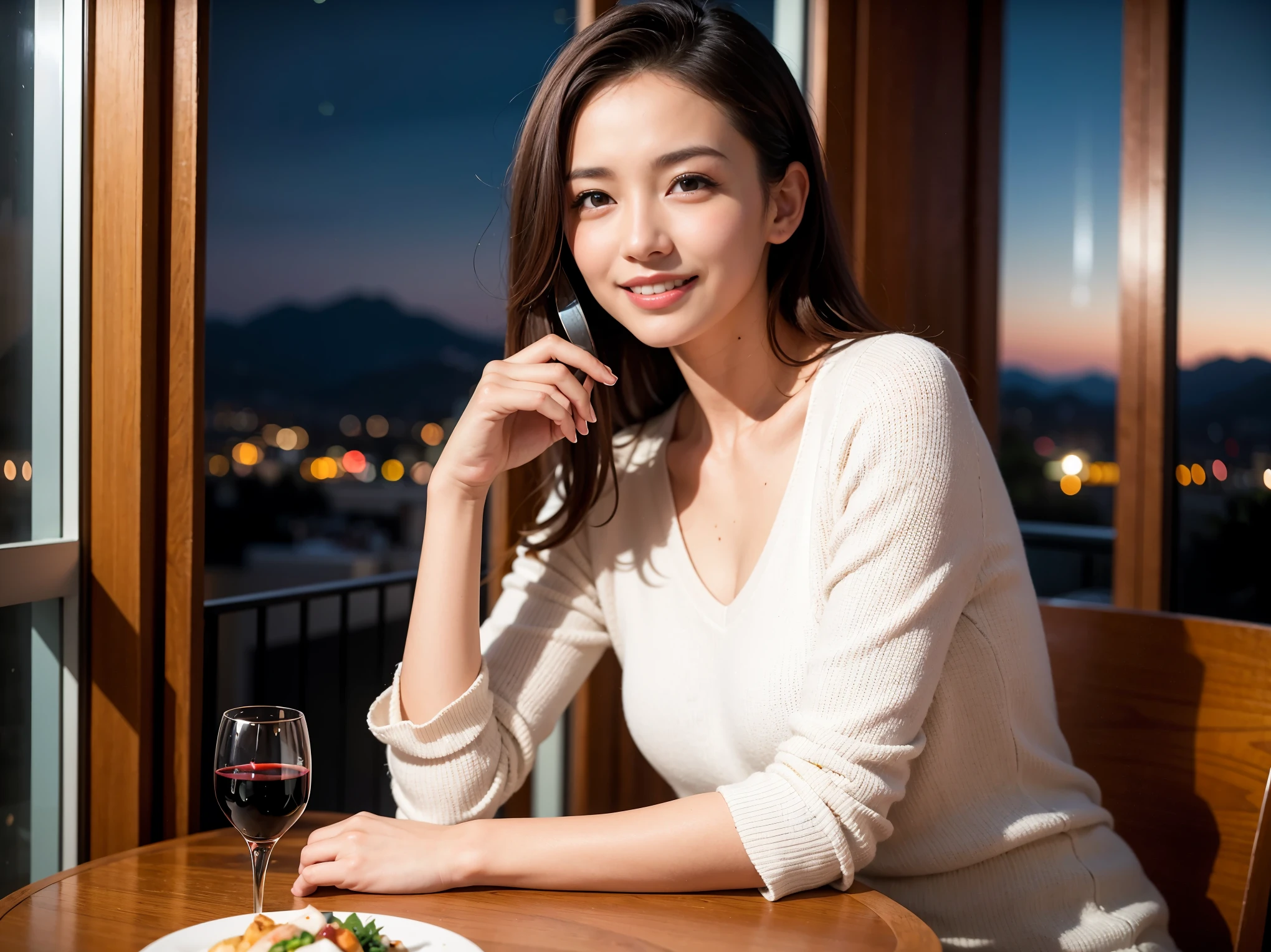 (K UHD, nffsw, highest quality, table top: 1.2), (realistic, realistic: 1.37), Spectacular view of the sunset sky and clouds、Amazing mountain views、ニコニコ明るいsmile、smileの素敵な女性、that woman'bright face、Fox face、lady、wine 、Appetizer、two beauties、brown hair、shortcut、long sleeve shirt、winter fashion、dress、Japanese、Englishman、Dutch、German、Belgian、Italian、French,wineボトル、Appetizer、Champagne、スパークリングwine、Pretty Woman 1, (slimな顔), (because I'thin), (brown hair), (shortcut), cheeks turn a little red, (40 years old), 38 years old, charming beauty、, A beautiful and detailed night view spreads out outside the window..........., restaurant, wineグラスに座って, At night, in a prominent place (from the waist up) nova frog style, actress, model, Upper body, 白wine, slim, wineグラス, Very beautiful night view, 真ん中に置かれたwineグラス, smile, (smile: 1.15), Beautiful little eyes,