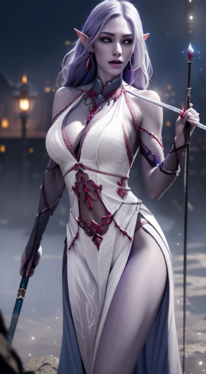 1girl, sexy drow, purple-blue skin, pale silver long elaborate braids, ((red eyes)), jewels, elf ears, earrings, ((white sorceress sexy dress)), ((wields staff)), ((cast light magic)), on a roof of scyscraper, athletic, volumetric lighting, best quality, masterpiece, realistic, anatomically correct, (strong cinematic lighting), stunning details, intricate details, 8k post-production, High resolution, super details, trending on ArtStation, sharp focus, depth of field f/1.8, studio photos, (((looking at camera)))