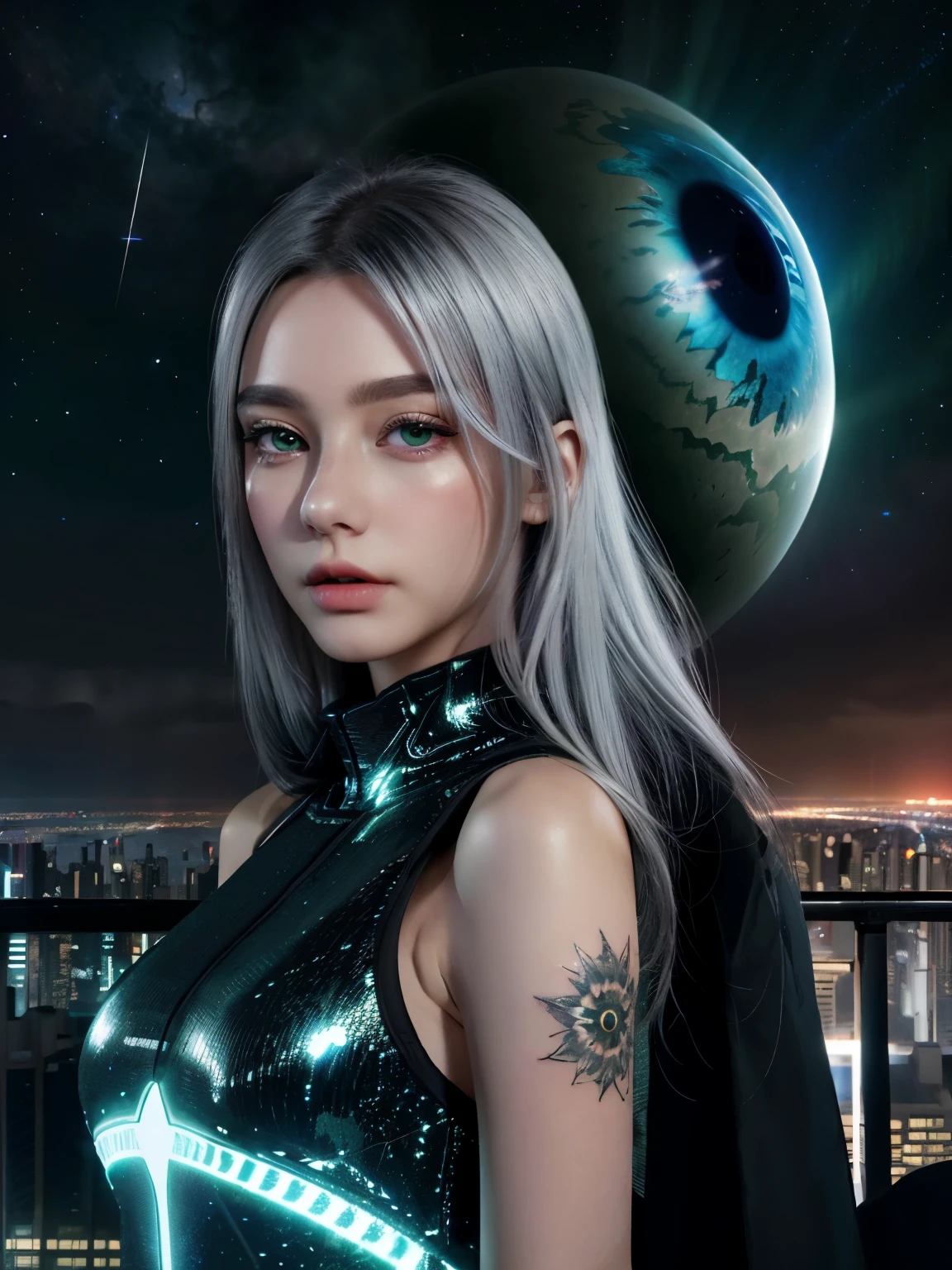 (8k), (highest quality), (best details)futuristic city at night、A giant cosmic eye floats in the night sky、silver hair、Green Eyes、tattoo、beautiful french woman、luxury black dreseteors