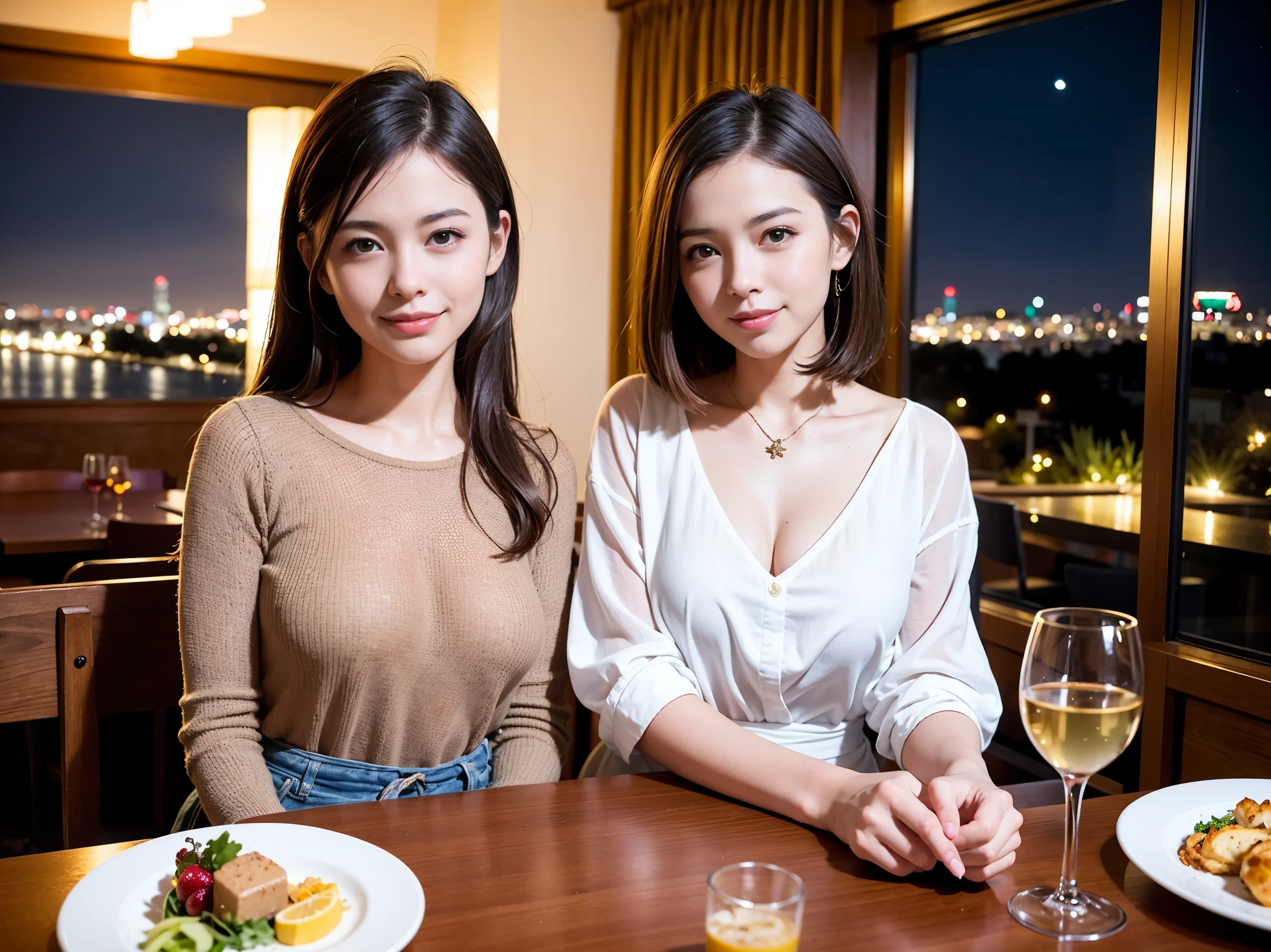 (K UHD, nffsw, highest quality, table top: 1.2), (realistic, realistic: 1.37), Spectacular view of the sunset sky and clouds、Amazing mountain views、ニコニコ明るいsmile、smileの素敵な女性、that woman'bright face、Fox face、lady、wine 、Appetizer、two beauties、brown hair、shortcut、long sleeve shirt、winter fashion、dress、Japanese、Englishman、Dutch、German、Belgian、Italian、French,wineボトル、Appetizer、Champagne、スパークリングwine、Pretty Woman 1, (slimな顔), (because I'thin), (brown hair), (shortcut), cheeks turn a little red, (40 years old), 38 years old, charming beauty、, A beautiful and detailed night view spreads out outside the window..........., restaurant, wineグラスに座って, At night, in a prominent place (from the waist up) nova frog style, actress, model, Upper body, 白wine, slim, wineグラス, Very beautiful night view, 真ん中に置かれたwineグラス, smile, (smile: 1.15), Beautiful little eyes,