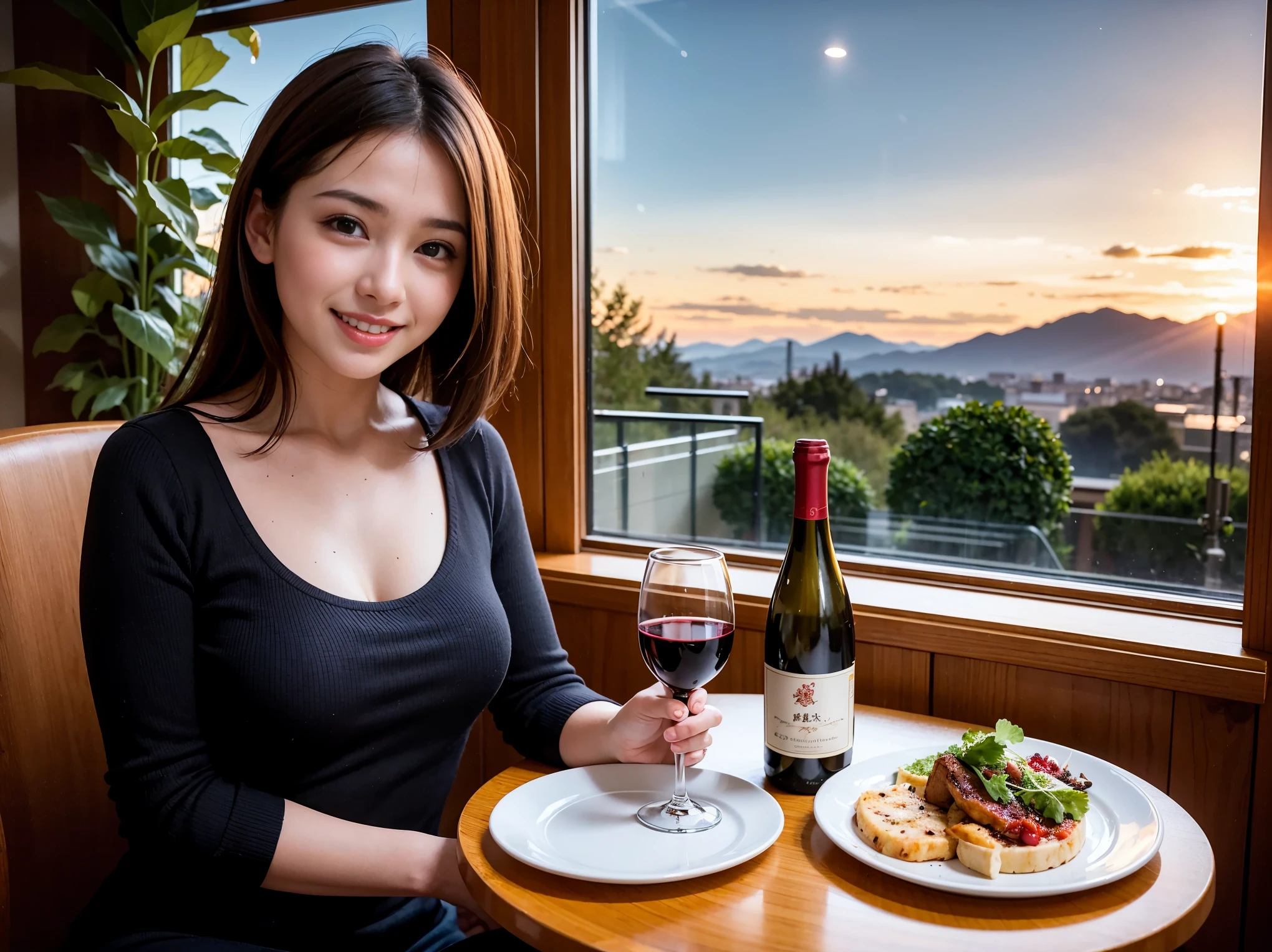 (K UHD, nffsw, highest quality, table top: 1.2), (realistic, realistic: 1.37), Spectacular view of the sunset sky and clouds、Amazing mountain views、ニコニコ明るいsmile、smileの素敵な女性、that woman'bright face、Fox face、lady、wine 、Appetizer、two beauties、brown hair、shortcut、long sleeve shirt、winter fashion、dress、Japanese、Englishman、Dutch、German、Belgian、Italian、French,wineボトル、Appetizer、Champagne、スパークリングwine、Pretty Woman 1, (slimな顔), (because I'thin), (brown hair), (shortcut), cheeks turn a little red, (40 years old), 38 years old, charming beauty、, A beautiful and detailed night view spreads out outside the window..........., restaurant, wineグラスに座って, At night, in a prominent place (from the waist up) nova frog style, actress, model, Upper body, 白wine, slim, wineグラス, Very beautiful night view, 真ん中に置かれたwineグラス, smile, (smile: 1.15), Beautiful little eyes,