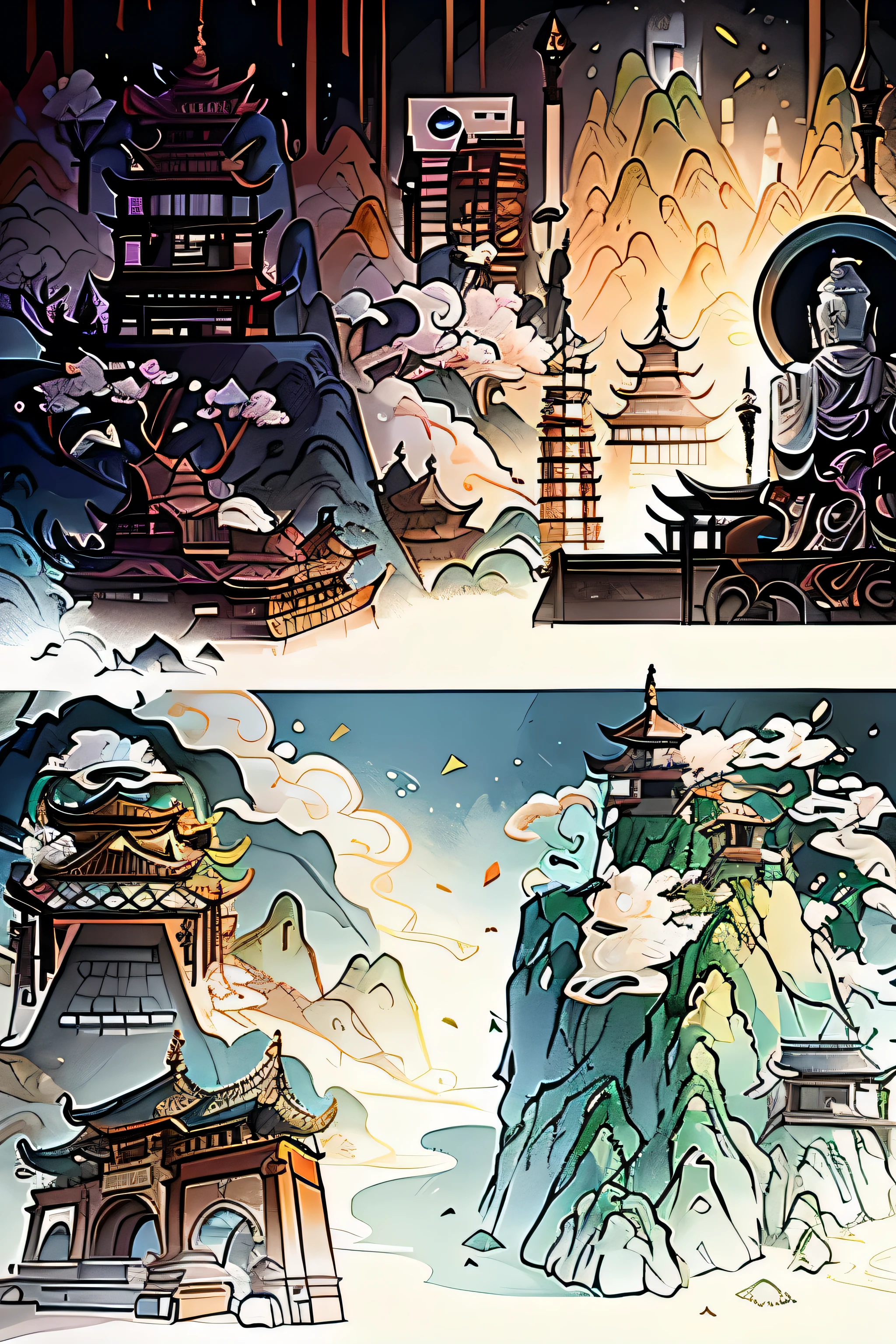 Sketches of Asian architecture and buildings, Very detailed lines, extremely detailed lines, Taoist temple, intricate line drawings, Chinese brush illustration, Temple details, Buddhist architecture, Full page illustration, Inspired by the Silk Road