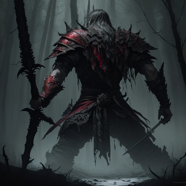 In the heart of a dark and gloomy forest, an intense and bloody action scene unfolds. A man, clad in intricately detailed armor, is being struck from behind by a towering figure wielding a gleaming sword. The man's expression is one of pain and surprise, his eyes wide with shock as crimson blood splatters vibrantly against the air. The dramatic cinematic lighting casts deep shadows across the scene, highlighting the sharp focus on the man's every feature. The energetic motion capture brings the epic fantasy illustration to life, every detail expertly rendered in a masterpiece of fantasy art. The superior quality shines through in the realistic style, each line and crease