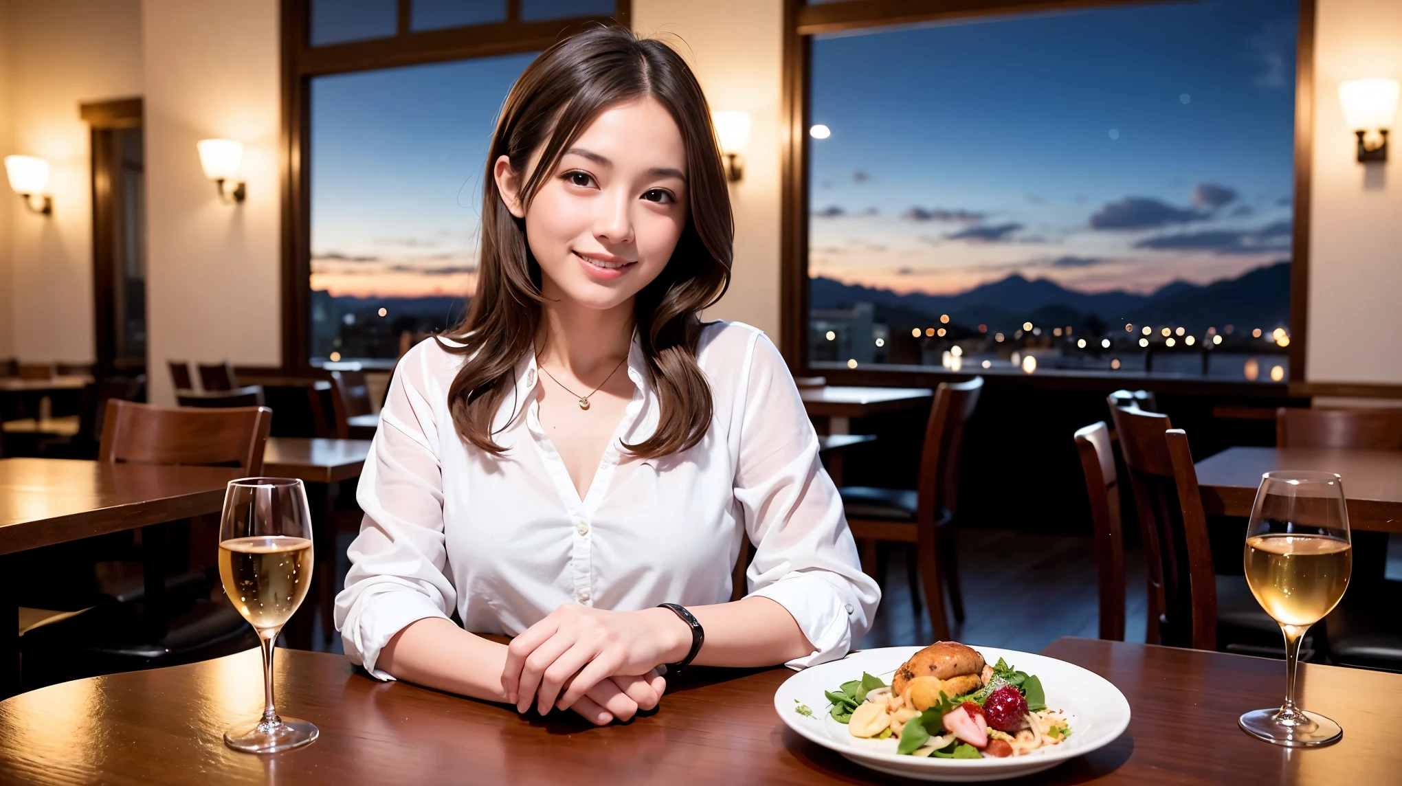 (K UHD, nffsw, highest quality, table top: 1.2), (realistic, realistic: 1.37), Spectacular view of the sunset sky and clouds、Amazing mountain views、ニコニコ明るいsmile、smileの素敵な女性、that woman&#39;bright face、Fox face、lady、wine 、Appetizer、Italian food、two beauties、brown hair、shortcut、long sleeve shirt、winter fashion、dress、Japanese、Englishman、Dutch、German、Belgian、Italian、French,wineボトル、Appetizer、Champagne、スパークリングwine、Pretty Woman 1, (slimな顔), (because I&#39;thin), (brown hair), (shortcut), cheeks turn a little red, (42 years old), 38 years old, charming beauty、, A beautiful and detailed night view spreads out outside the window..........., restaurant, wineグラスに座って, At night, in a prominent place (from the waist up) nova frog style, actress, model, Upper body, 白wine, slim, wineグラス, Very beautiful night view, 真ん中に置かれたwineグラス, smile, (smile: 1.15), Beautiful little eyes, 