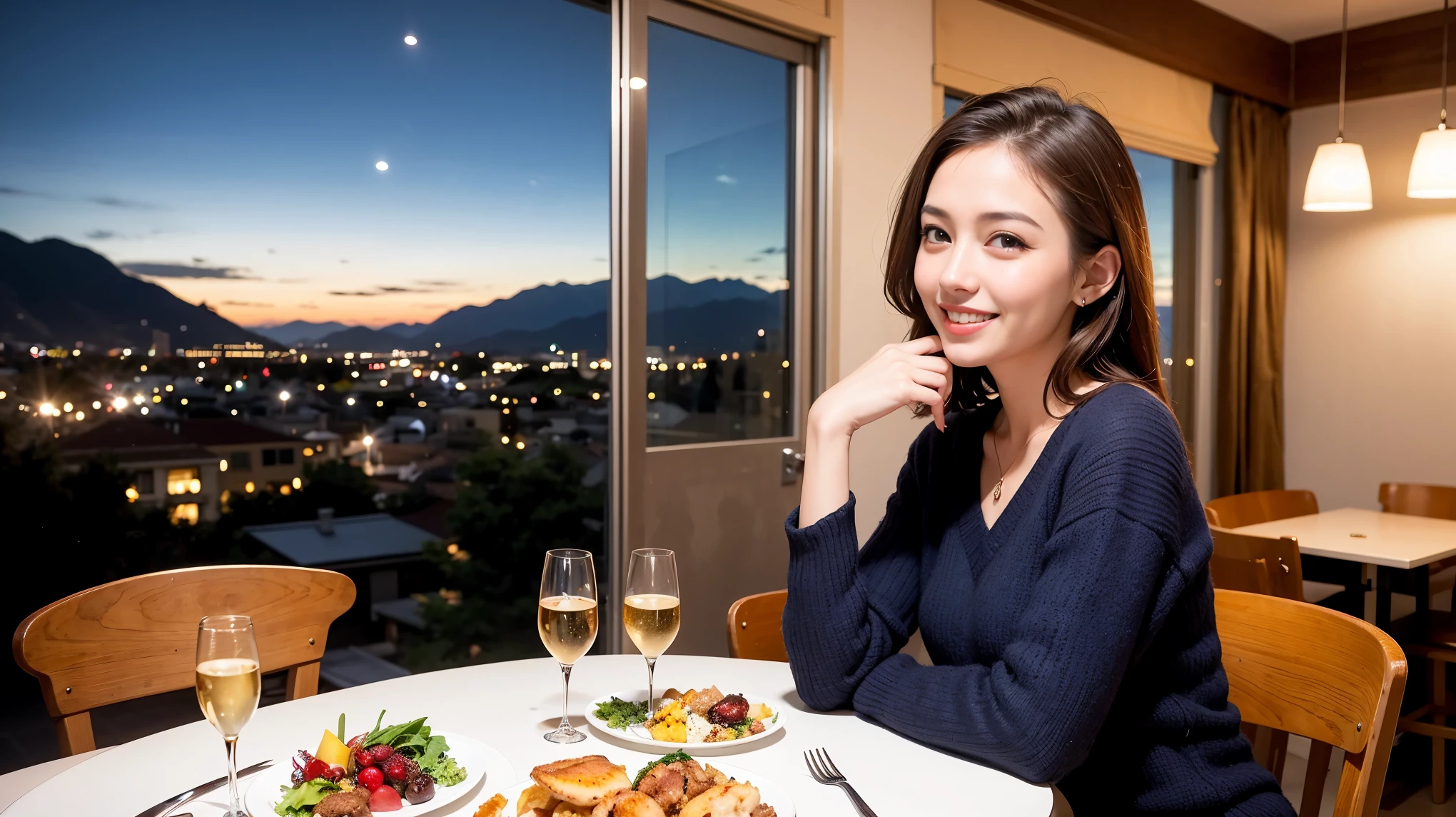 (K UHD, nffsw, highest quality, table top: 1.2), (realistic, realistic: 1.37), Spectacular view of the sunset sky and clouds、Amazing mountain views、ニコニコ明るいsmile、smileの素敵な女性、that woman&#39;bright face、Fox face、lady、wine 、Appetizer、Italian food、two beauties、brown hair、shortcut、long sleeve shirt、winter fashion、dress、Japanese、Englishman、Dutch、German、Belgian、Italian、French,wineボトル、Appetizer、Champagne、スパークリングwine、Pretty Woman 1, (slimな顔), (because I&#39;thin), (brown hair), (shortcut), cheeks turn a little red, (42 years old), 38 years old, charming beauty、, A beautiful and detailed night view spreads out outside the window..........., restaurant, wineグラスに座って, At night, in a prominent place (from the waist up) nova frog style, actress, model, Upper body, 白wine, slim, wineグラス, Very beautiful night view, 真ん中に置かれたwineグラス, smile, (smile: 1.15), Beautiful little eyes, 