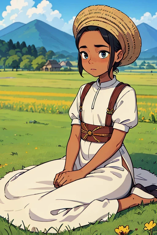 (masterpiece, best quality:1.2), Panel 1
Setting: Lush green fields with rolling hills in the background. A small village with thatched-roof
huts sits nestled amongst the fields. Bright blue sky with a few fluffy white clouds.
Characters: A young boy, Ayo (around 10 years old), with bright eyes and a curious expression,
kneels in a field examining a wilting cornstalk. An older woman, Mama Uche (Ayo's
grandmother), stands beside him with a concerned look on her face. Both are dressed in
traditional Nigerian clothing.
Caption: In the heart of a vibrant village, nestled amongst fertile fields, lived a curious young
boy named Ayo.