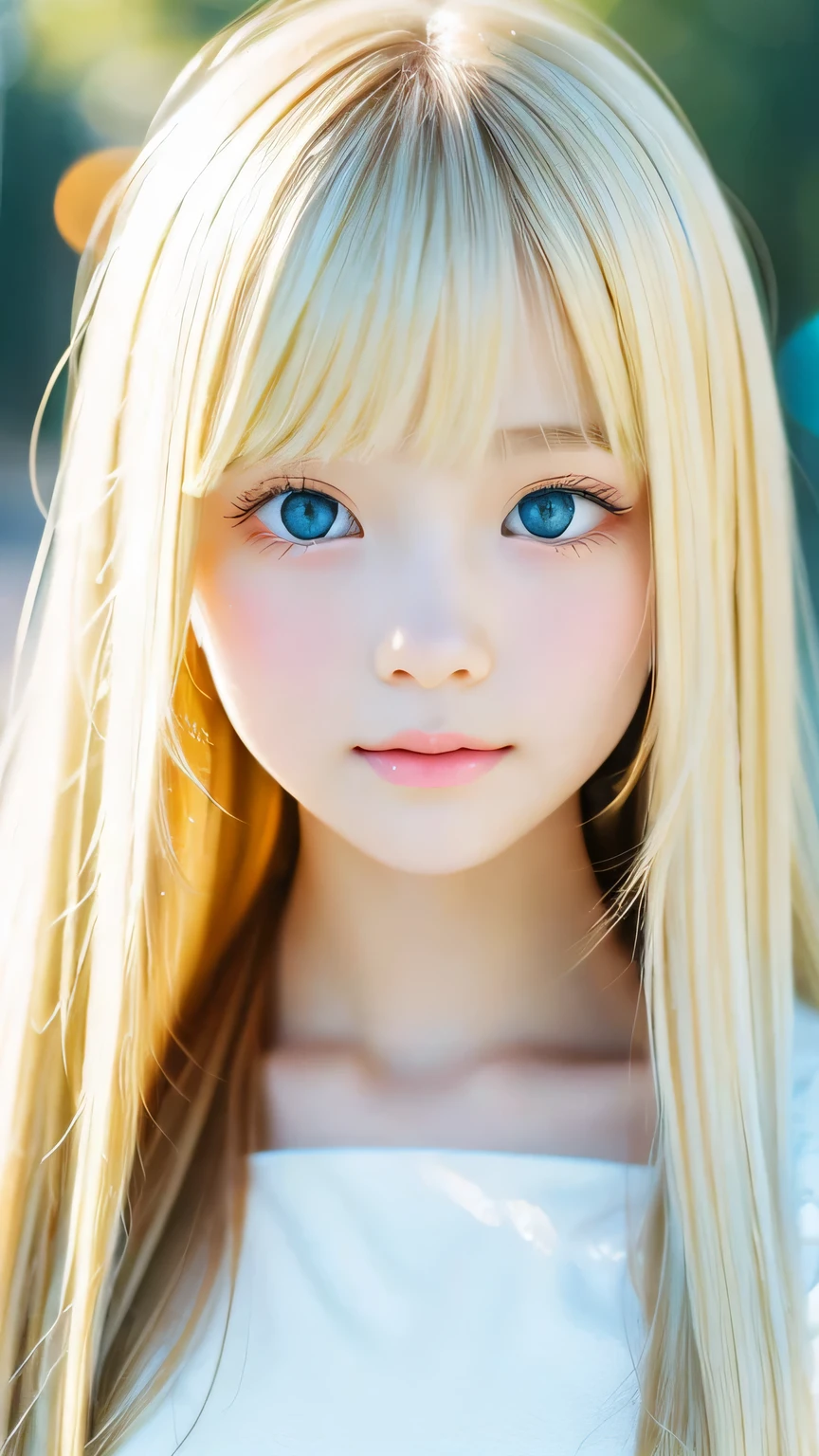 1 girl, The cutest girl、bright look、very messy blonde hair, Blond hair floating、Her bright, super long, straight blonde hair is dazzling with its golden shine.、very beautiful super long shiny blonde hair、very beautiful cute face、Sparkling Beautiful Skin、solo、super high quality、hard focus、film grain、ultra high resolution、masterpiece、Big eyes with sparkling lovely detailed crystal clear pale light blue、round face、small face beauty、Young shiny cheeks、Very beautiful long messy bangs over the eyes