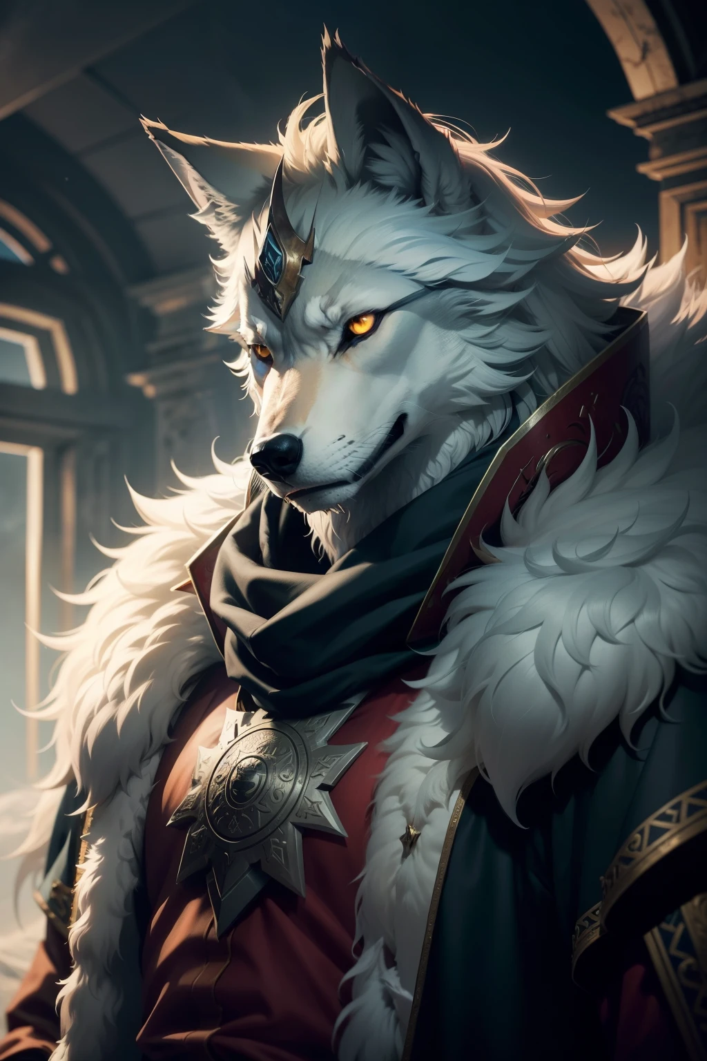 blaidd,blaidd cloak,Ruan Jia,Pino Daeni,darkgem,dimwitdog,muscular male wolf anthro, (detailed face), (detailed fluffy fur)