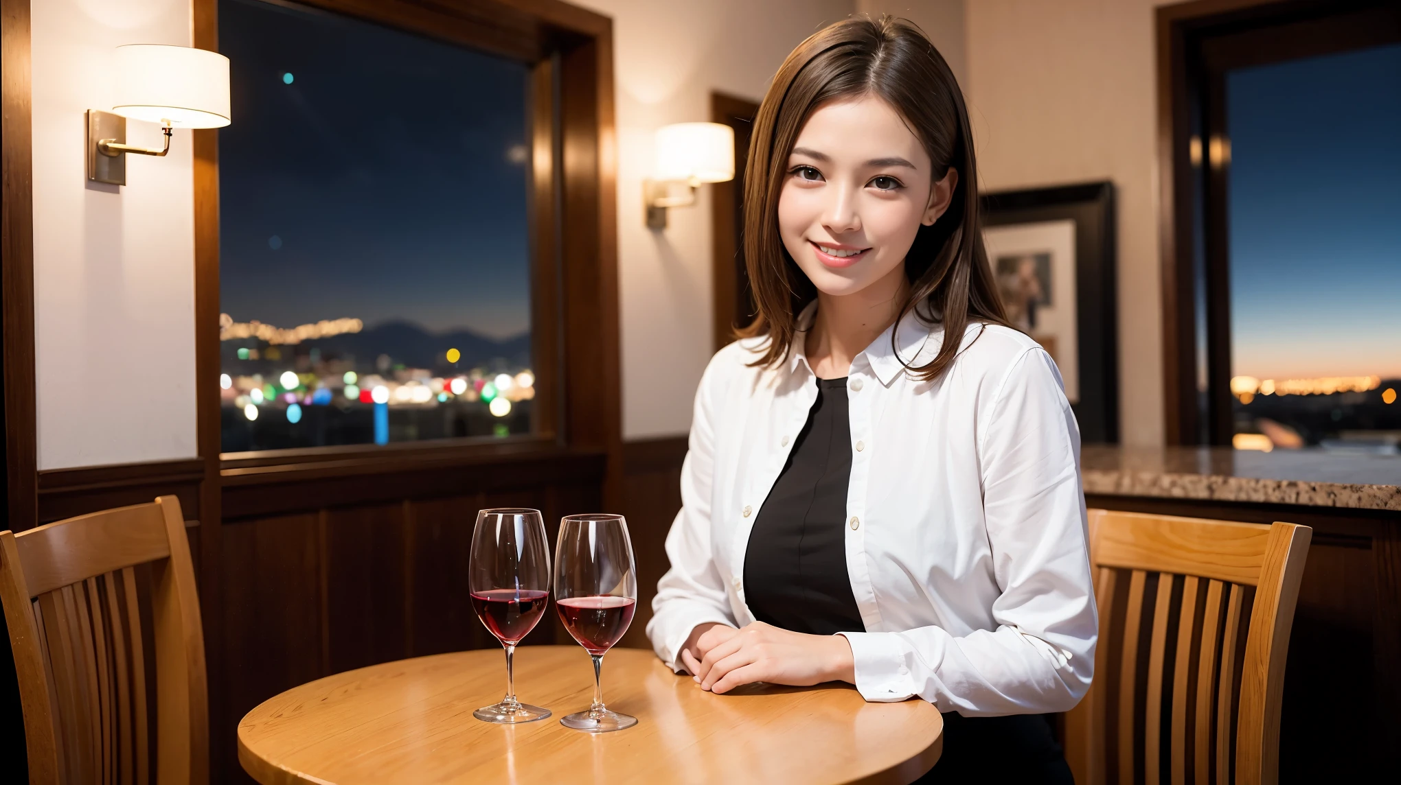 (K UHD, nffsw, highest quality, table top: 1.2), (realistic, realistic: 1.37), Spectacular view of the sunset sky and clouds、Amazing mountain views、ニコニコ明るいsmile、smileの素敵な女性、that woman&#39;bright face、Fox face、lady、wine 、Appetizer、Italian food、two beauties、brown hair、shortcut、long sleeve shirt、winter fashion、dress、Japanese、Englishman、Dutch、German、Belgian、Italian、French,wineボトル、Appetizer、Champagne、スパークリングwine、Pretty Woman 1, (slimな顔), (because I&#39;thin), (brown hair), (shortcut), cheeks turn a little red, (42 years old), 38 years old, charming beauty、, A beautiful and detailed night view spreads out outside the window..........., restaurant, wineグラスに座って, At night, in a prominent place (from the waist up) nova frog style, actress, model, Upper body, 白wine, slim, wineグラス, Very beautiful night view, 真ん中に置かれたwineグラス, smile, (smile: 1.15), Beautiful little eyes, 