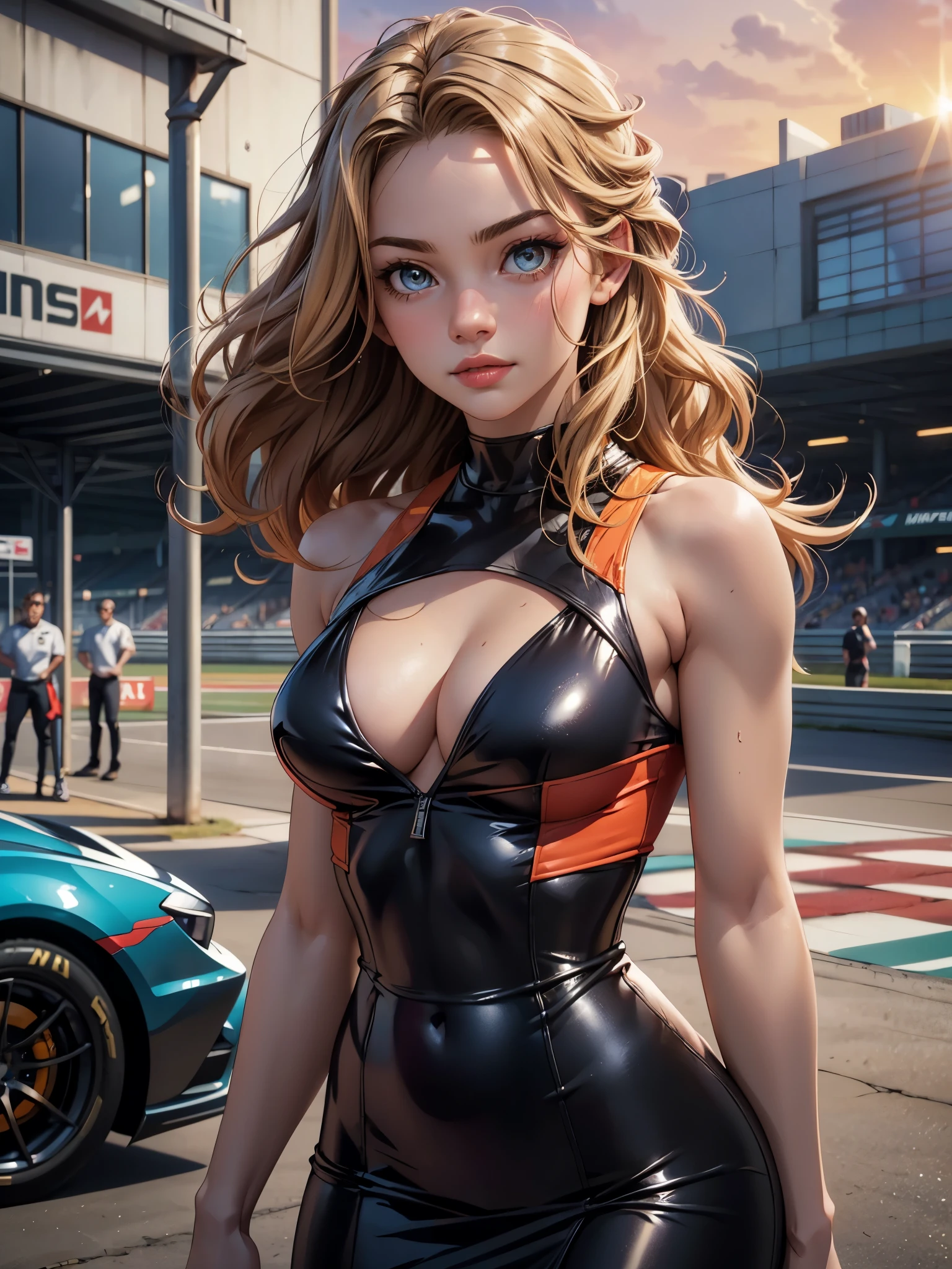 (​masterpiece), (top-quality), sunset, natural lights, ,(realistic:1.5), Sydney Sweeney as a Stunningly beautiful race queen, latex minidress, curvaceous, short_skirt, long_blonde hair, tanned, wearing a skintight top, cleavage, sexy, sensual, hazel eyes, smiling, sexy pose, athletic, looking at viewer, eye contact, stunningly beautiful 20 years old race queen, sunset, detailed pitlane in background, sportcars in background, detailed formula 1 paddock in background, dynamic pose, action pose,alluring, seductive_pose, natural lights, cleavage, athletic body, medium breasts, upper body, mid shot, masterpiece, detailed, mature, bright colors, high saturation, stunningly beautiful girl, precise hands, determined expression, serious, courageous, brave, Clear eyes, Shining eyes,, ultra-definition, Top resolution,  soft lightning