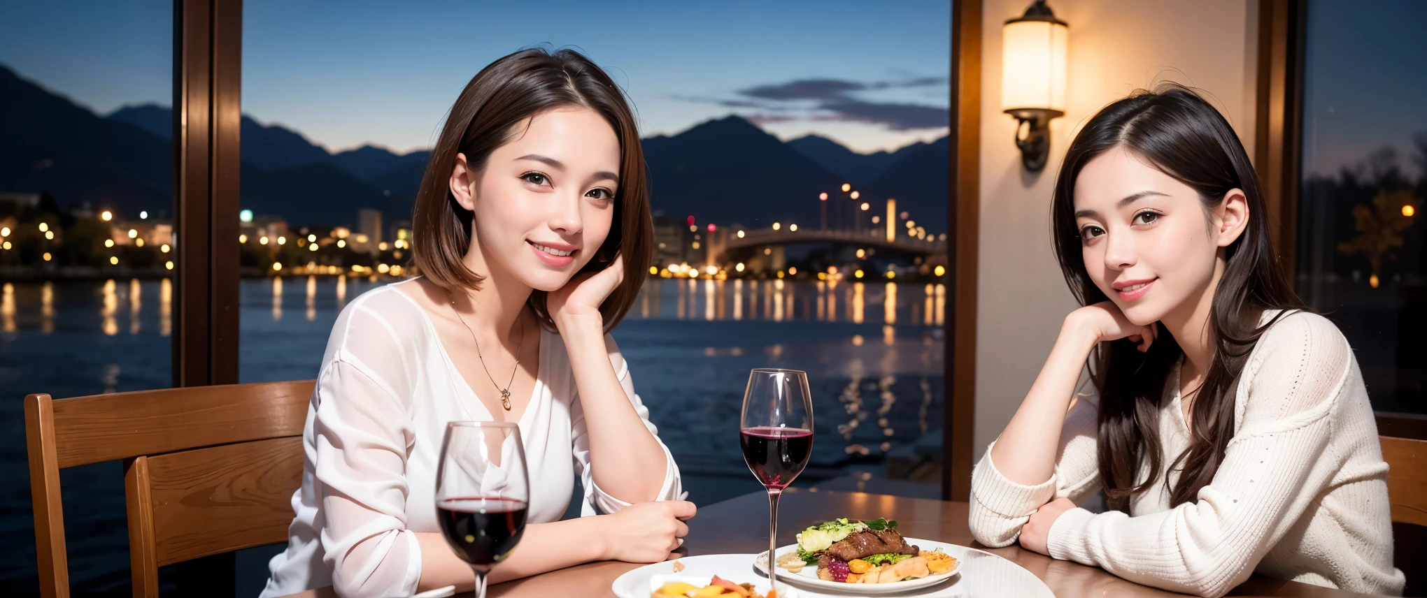 (K UHD, nffsw, highest quality, table top: 1.2), (realistic, realistic: 1.37), Spectacular view of the sunset sky and clouds、Amazing mountain views、ニコニコ明るいsmile、smileの素敵な女性、that woman'bright face、Fox face、lady、wine 、Appetizer、Italian food、two beauties、brown hair、shortcut、long sleeve shirt、winter fashion、dress、Japanese、Englishman、Dutch、German、Belgian、Italian、French,wineボトル、Appetizer、Champagne、スパークリングwine、Pretty Woman 1, (slimな顔), (because I'thin), (brown hair), (shortcut), cheeks turn a little red, (42 years old), 38 years old, charming beauty、, A beautiful and detailed night view spreads out outside the window..........., restaurant, wineグラスに座って, At night, in a prominent place (from the waist up) nova frog style, actress, model, Upper body, 白wine, slim, wineグラス, Very beautiful night view, 真ん中に置かれたwineグラス, smile, (smile: 1.15), Beautiful little eyes,