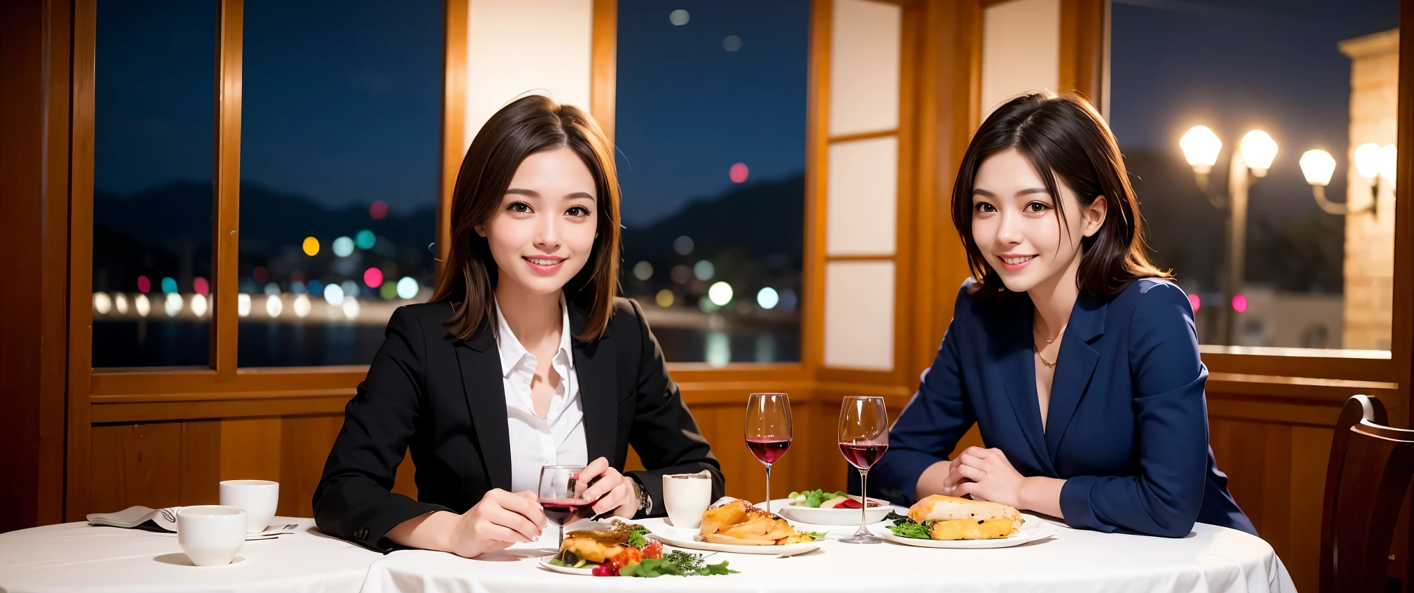 (K UHD, nffsw, highest quality, table top: 1.2), (realistic, realistic: 1.37), Spectacular view of the sunset sky and clouds、Amazing mountain views、ニコニコ明るいsmile、smileの素敵な女性、that woman'bright face、Fox face、lady、wine 、Appetizer、Italian food、two beauties、brown hair、shortcut、long sleeve shirt、winter fashion、dress、Japanese、Englishman、Dutch、German、Belgian、Italian、French,wineボトル、Appetizer、Champagne、スパークリングwine、Pretty Woman 1, (slimな顔), (because I'thin), (brown hair), (shortcut), cheeks turn a little red, (42 years old), 38 years old, charming beauty、, A beautiful and detailed night view spreads out outside the window..........., restaurant, wineグラスに座って, At night, in a prominent place (from the waist up) nova frog style, actress, model, Upper body, 白wine, slim, wineグラス, Very beautiful night view, 真ん中に置かれたwineグラス, smile, (smile: 1.15), Beautiful little eyes,