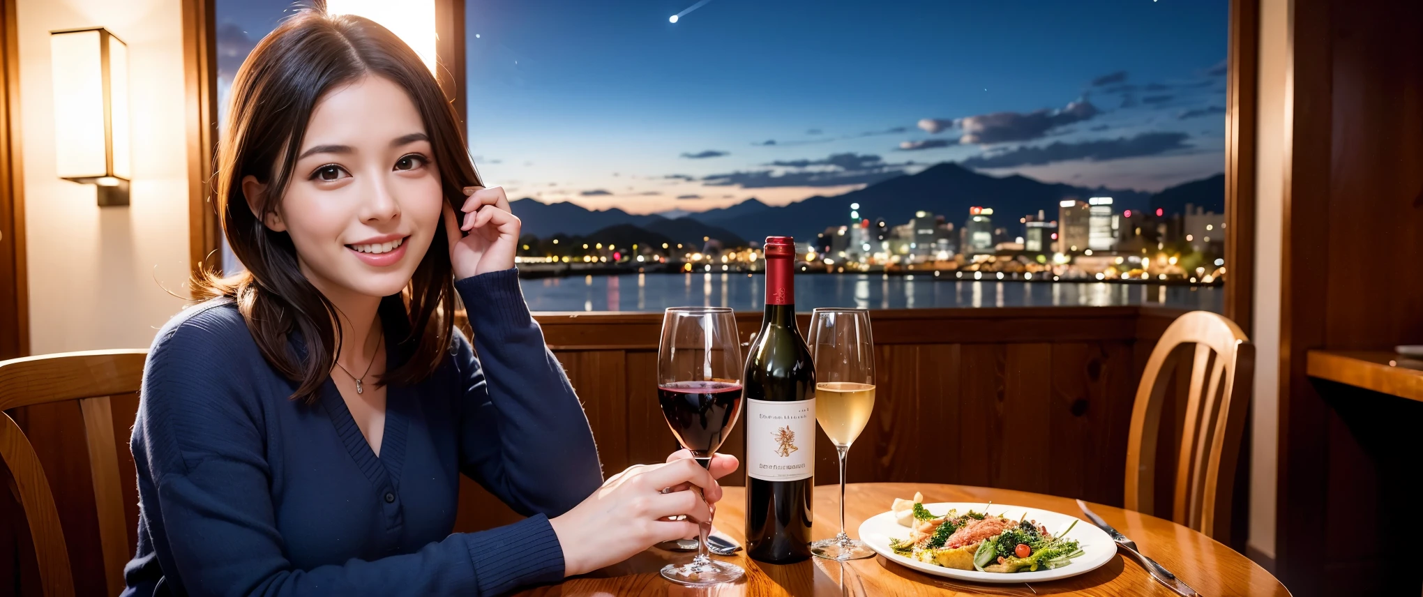 (K UHD, nffsw, highest quality, table top: 1.2), (realistic, realistic: 1.37), Spectacular view of the sunset sky and clouds、Amazing mountain views、ニコニコ明るいsmile、smileの素敵な女性、that woman'bright face、Fox face、lady、wine 、Appetizer、Italian food、two beauties、brown hair、shortcut、long sleeve shirt、winter fashion、dress、Japanese、Englishman、Dutch、German、Belgian、Italian、French,wineボトル、Appetizer、Champagne、スパークリングwine、Pretty Woman 1, (slimな顔), (because I'thin), (brown hair), (shortcut), cheeks turn a little red, (42 years old), 38 years old, charming beauty、, A beautiful and detailed night view spreads out outside the window..........., restaurant, wineグラスに座って, At night, in a prominent place (from the waist up) nova frog style, actress, model, Upper body, 白wine, slim, wineグラス, Very beautiful night view, 真ん中に置かれたwineグラス, smile, (smile: 1.15), Beautiful little eyes,