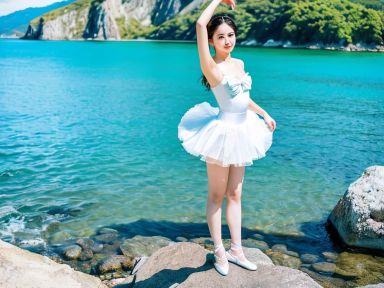 (a girl) (beautiful girl,  Facial features.Perfect and detailed,mesmerizing and seductive.best quality、masterpiece、ultra high resolution)(18 year old Japanese girl) Standing with one left foot on the rock by the lake.Lift your right foot high.Push your right hand forward.Stretch your left hand back(Scene imitating the ballet Swan Lake).Ballet dancing facing the lake .best quality、masterpiece、ultra high resolution、(Photo realism:1.4)、original photo)(shadow、octane rendering、8K、Super sharp. realistic light)、

A beautiful Japanese girl wearing a white tutu，Standing on the rocks by the lake in the afternoon。Against the background of blue sky and heart-shaped lake。
