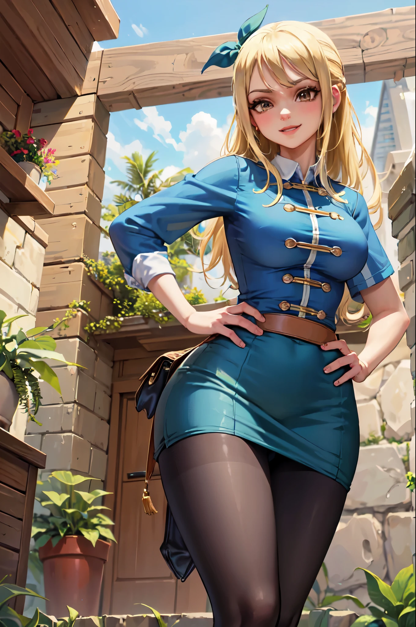 (obra de arte, Melhor qualidade:1.2), Sozinho, 1 garota, Lucy Heartfilia, Sorriso, olhando para o espectador, hands on hips, azul sem mangas, mini-saia, botas de coxa
