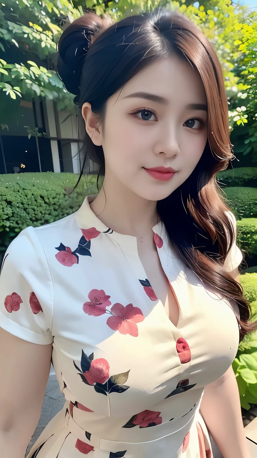 draw lips correctly, lipstick, From the chest up, highest quality, Very detailed, Realistic, super thin skin, Perfect Anatomy, (1 Japanese MILF), (alone),Wear a luxurious floral green round neck dress,Short sleeve,Long Wavy Hair,27 year old female,Cute Smile,garden background,stay,round face, tied her hair in a ponytail,The body is a little big,Average bust,full body shot