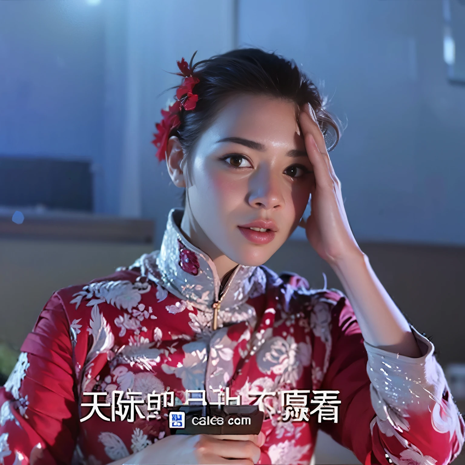 a woman in a red dress holding her head in her hands, Chiba Yudai, screenshot from a movie, jia, wearing a red cheongsam, 1 9 8 6 movie screenshot, inspired by Pu Hua, screenshot from the 1983 film, highlight scene of the movie, Wang Chen