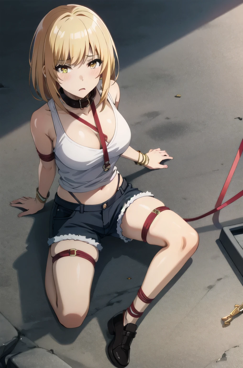 ((collar,leash,tied up,bondage,scared expression)),1Girl, solo,yellow eyes, blonde hair,,shorts,top-tank
