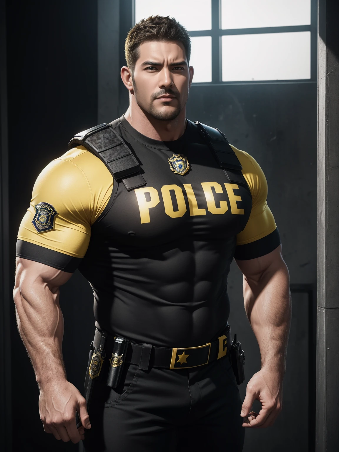 (Shorts male cop, strong fat asian man, police cap uniform), (dark gray background, (1 male bald head with glasses), strong muscles, various poses, big ass, 1.4 eye details, 40k)"