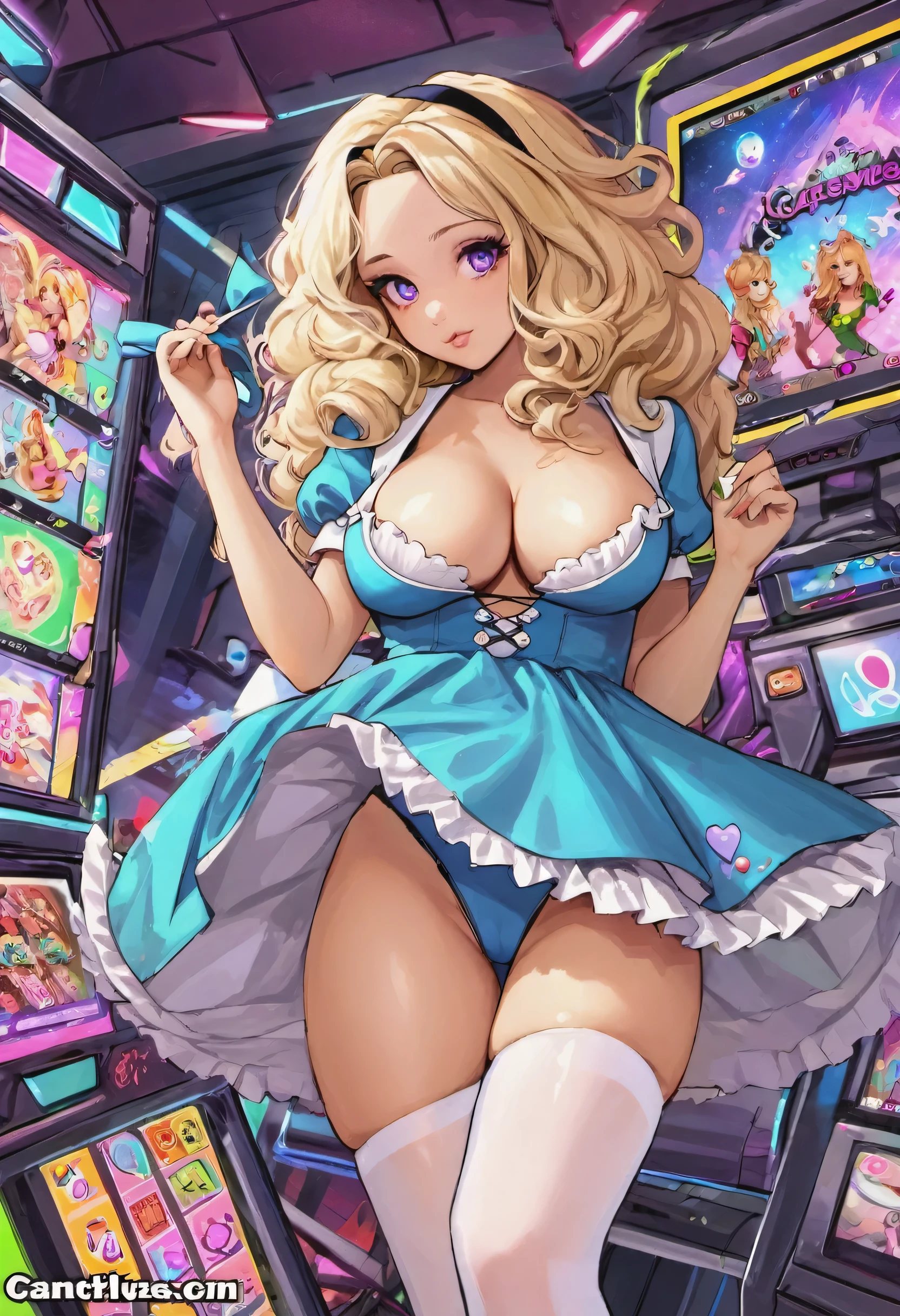 a beautiful 20 year old blonde woman with big messy hair in a blue dress, white stockings, black headband, cleavage, fantasy art style, rossdraws cartoon vibrant, alice x. zhang, alice in wonderland cyberpunk, cute detailed digital art, colorfull digital fantasy art, digital fantasy art ), glossy digital painting, rossdraws pastel vibrant, rossdraws 2. 5, rossdraws 1. 0