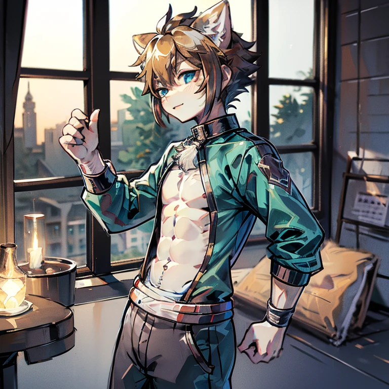 anime guy with a shirtless cat ears and a blue shirt, tall anime guy with blue eyes, fluffy chest, at pixiv, sfw version, top rated on pixiv, by Shitao, rin, pixiv, furry chest, zerochan art, fullbody commission for, handsome anime pose, pixiv 3dcg, hajime yatate, zerochan