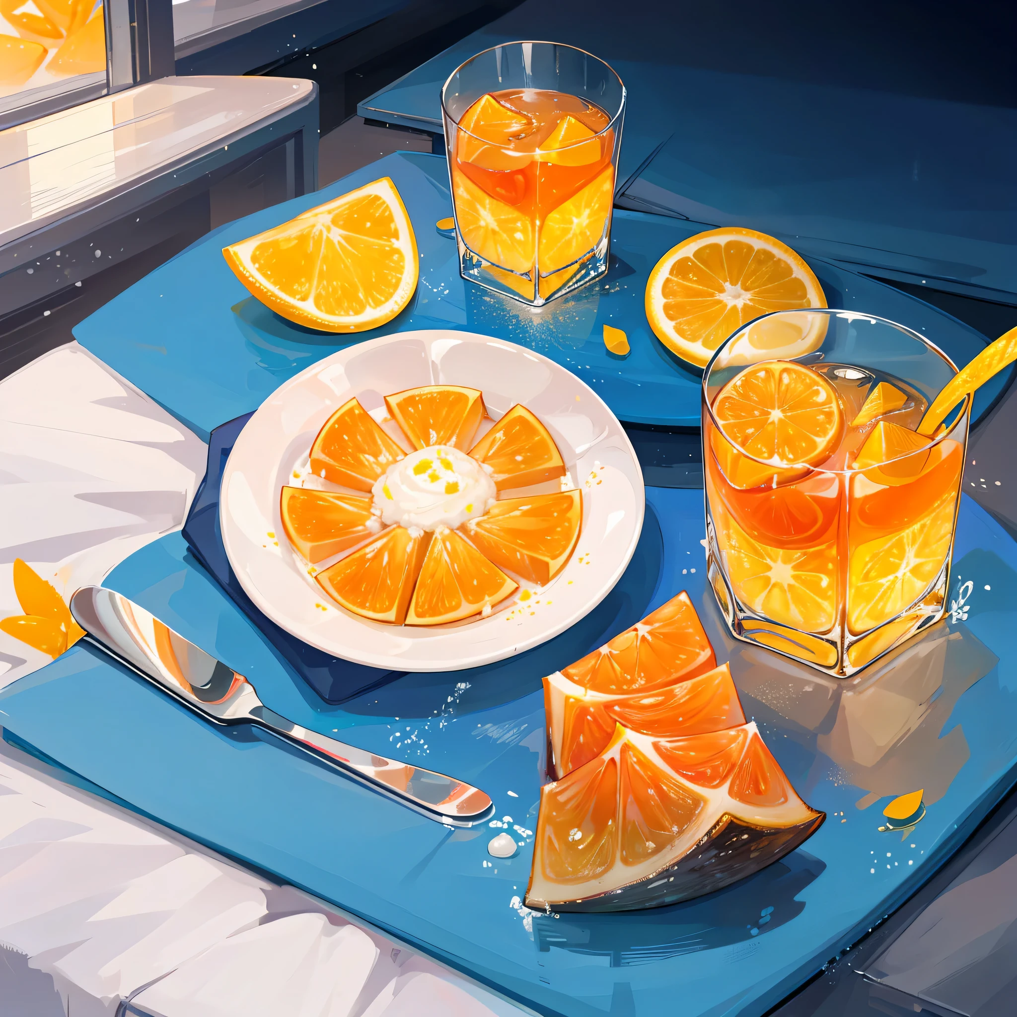 Um suco de laranja na mesa amarela, fundo azul simples