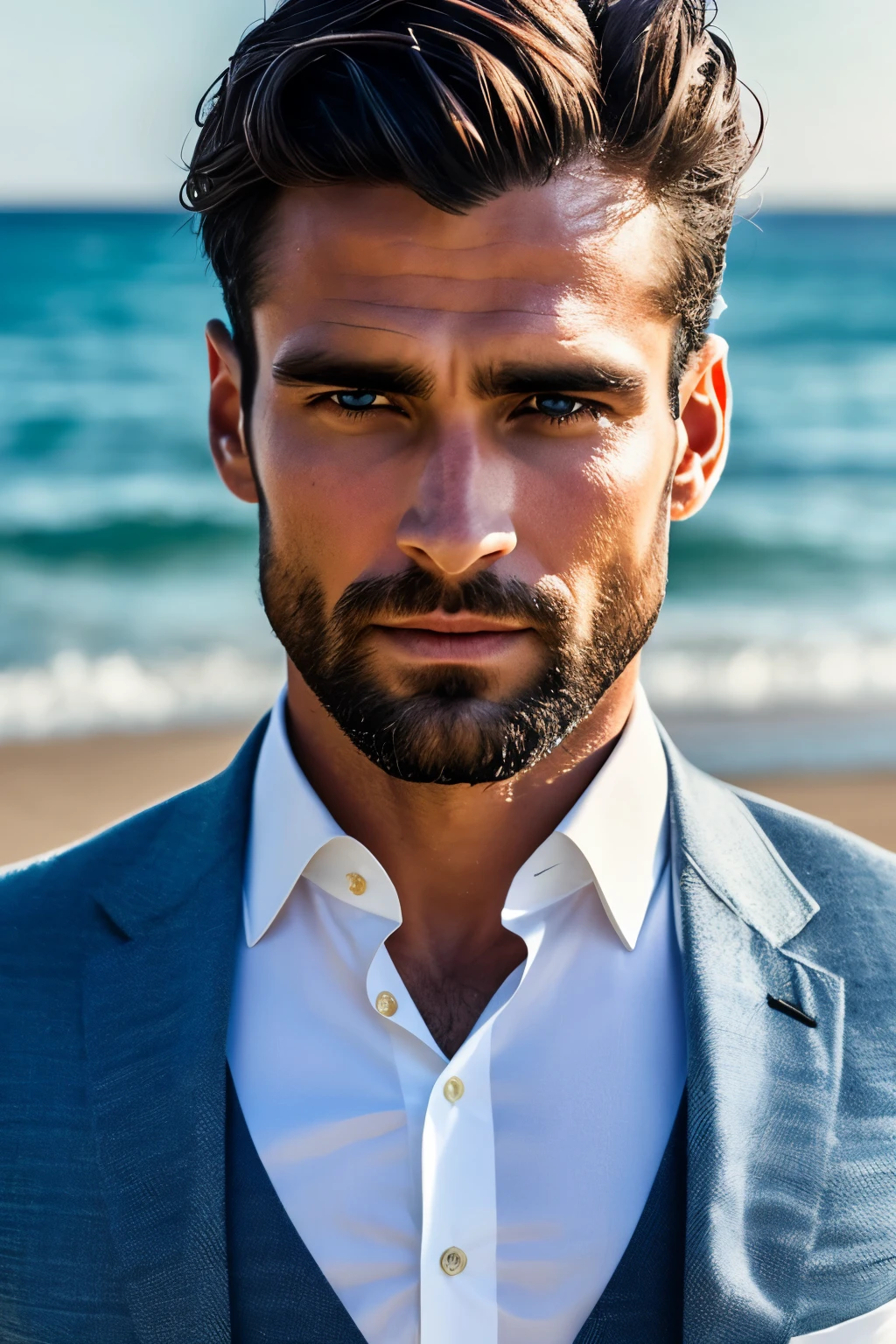 A high-resolution 4k photograph captures the realism of a 30-year-old man sitting on the beach, elegantly dressed in a blue suit and white shirt. With a contemplative gaze towards the camera, he exudes an air of sophistication and charm. The pristine shoreline serves as a serene backdrop, enhancing the overall cinematic quality of the image. The details are impeccably rendered, showcasing the intricate folds of his attire and the subtle play of light on his features. This extraordinary shot is a testament to the mastery of the photographer, providing viewers with an immersive and captivating visual experience.