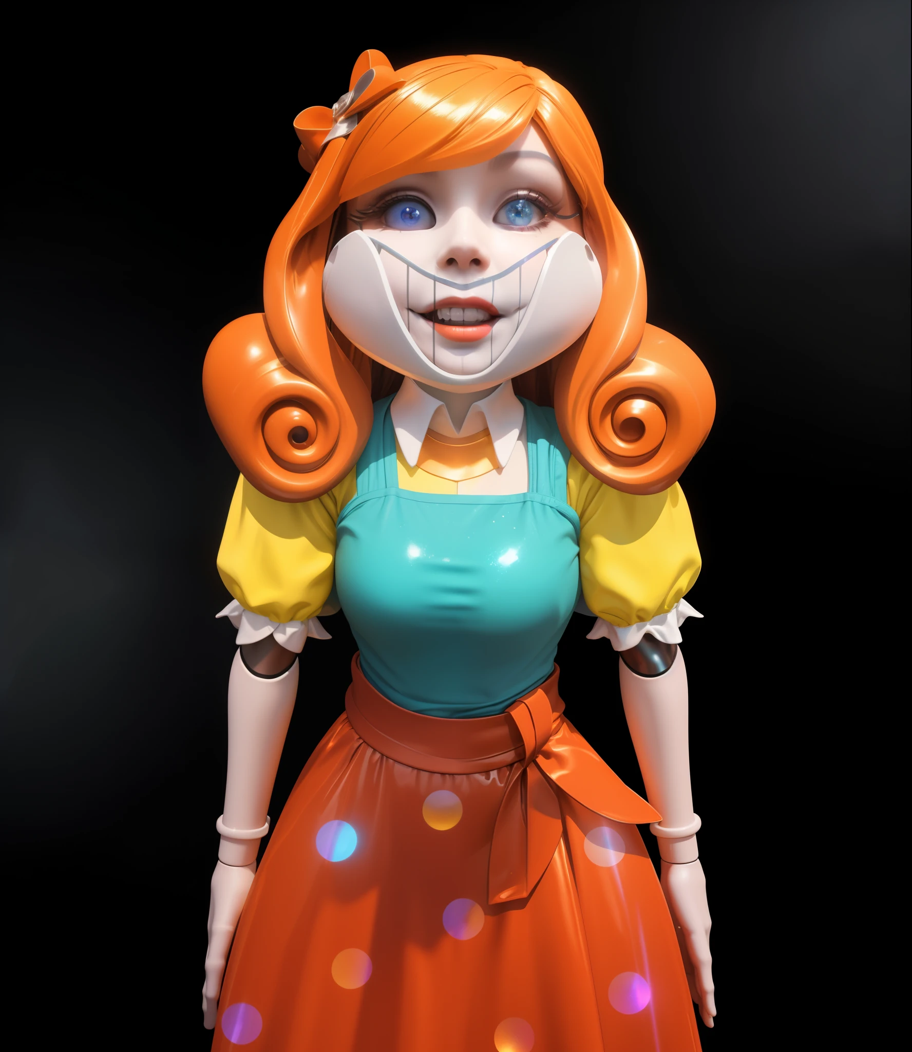 cartoon doll girl, doll, game character, videogame character, creepy doll, large creepy smile, doll with creepy smile and red eyes, insane, doll toy, glossy texture, smooth 3d model, multiple light sources, rim light, sharp post effects render, (glossy plastic texture with multiple big light probe refractions), perfect cgi, smooth silhouette, high intensity refraction, (super glossy material), most beautiful vfx, blue background, plastic refractions, realistic, 4k, high resolution, rim light, she is flying, she is laying on the floor, photo shoot, commercial photo,  profile shot, 4k, rim light, high resolution, 4k, glossy texture, smooth 3d model, multiple light sources, rim light, sharp post effects render, (glossy metallic texture with multiple big light probe refractions), perfect cgi, cgi art created only with gradients, smooth silhouette, high intensity refraction, (super glossy chrome material), most beautiful vfx, blue background, chrome metal refractions, multiple light sources, rim light, sharp post effects render, perfect cgi, digital art, detailed digital art, reflective, best quality, 4k, masterpiece:1.2, ultra-detailed, realistic, vivid colors, dark and moody lighting, The image of the highest quality, ensuring every detail showcased perfectly. It in 4k resolution, allowing viewers to immerse themselves in the richness of the colors and intricate details. The realistic rendering. under the spotlight, reflecting, high-resolution image, realistic rendering, dark background, and rim light photorealistic