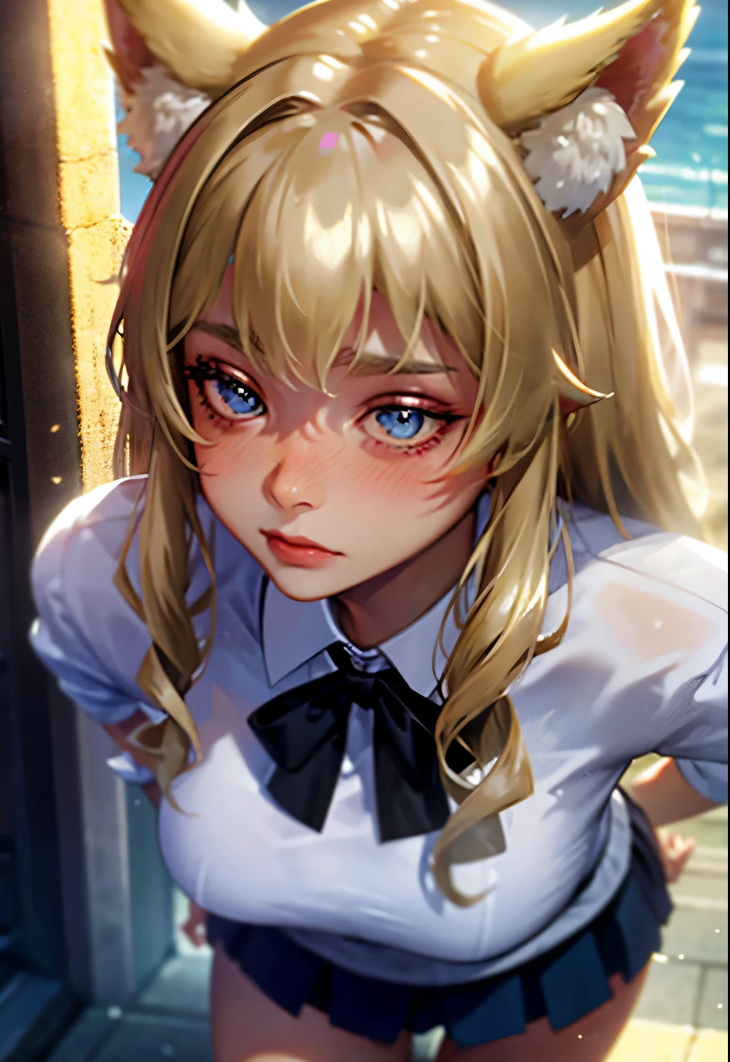 masterpiece, best quality, wolf girl, elegant, 1girl, wolf ears, wolf tail, cute, blushed, looking at viewer, from above, blonde wavy hair, mini skirt, white and black striped T-shirt, blue eyes, beautiful eyes, beautiful background, light particles, sun rays, dramatic lighting, outside, shiny, realistic, masterpiece, best quality, ultra-detailed, detailed, scenery, beautiful detailed eyes, detailed hair