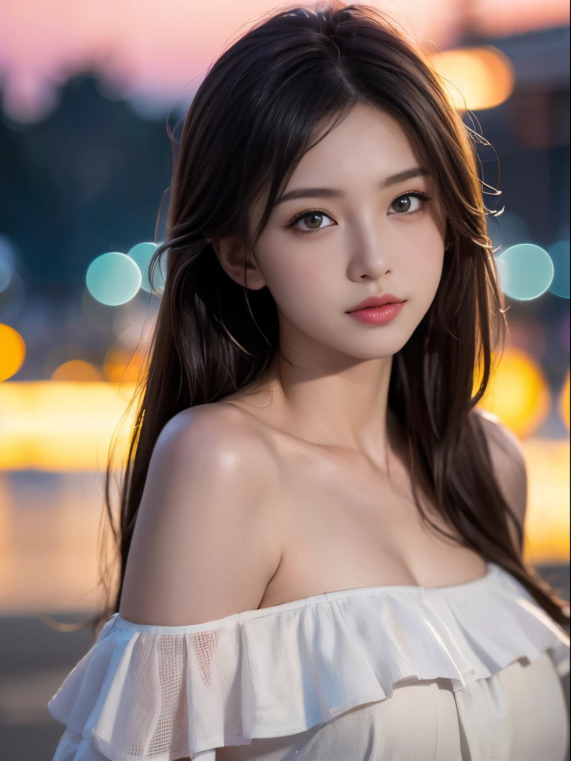 masterpiece、((1 girl))、(twin tails)、Brunette hair、Amazing detailed face and eyes,pink eyes,clear eyes、(amazingly beautiful girl)、艶のあるBrunette hair、off shoulder、((highest quality)), (Super detailed), (very detailed8k 生写真:1.5)、(very detailed,High resolution raw color photos,professional photography,(((Bokeh))),Depth of the bounds written)、beach、twilight,sunset、(Shrug your shoulders,Look at the viewer with a dazed expression)、