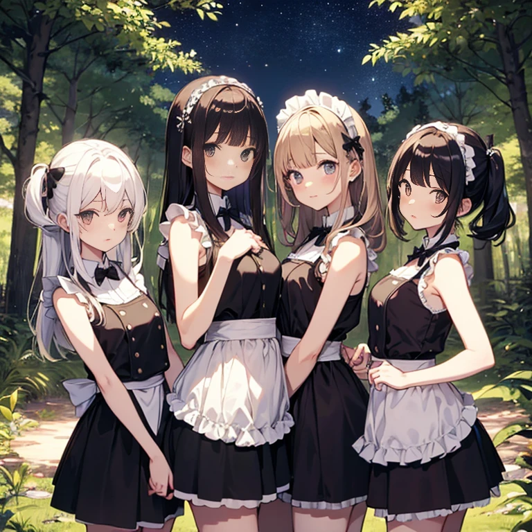 A group of maids, (in forest), various hair styles, harem, wearing maid uniform, night, details face, , short skirt, seducing, sleeveless , night, starry night 