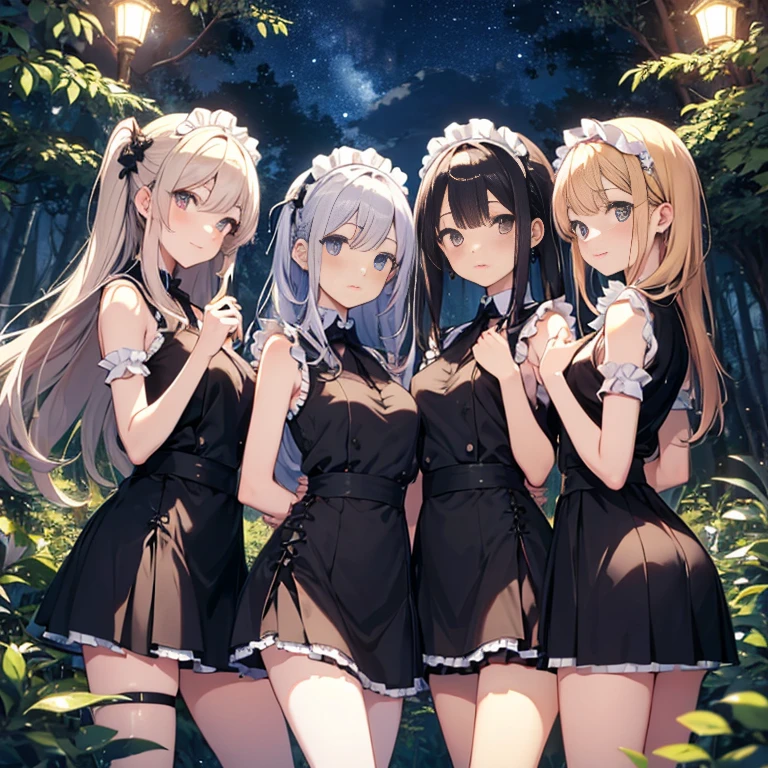 A group of maids, (in forest), various hair styles, harem, wearing maid uniform, night, details face, , short skirt, seducing, sleeveless , night, starry night 