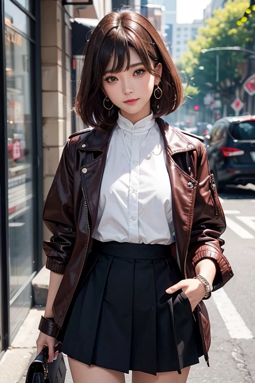 solo, looking at viewer, blush, smile, short hair, bangs, black hair, 1boy, hair between eyes, brown eyes, closed mouth, jacket, white hair, male focus, multicolored hair, two-tone hair, border, spiked hair, portrait, red jacket,1girl, solo, long hair, skirt, brown hair, shirt, long sleeves, holding, jewelry, white shirt, earrings, black skirt, head out of frame