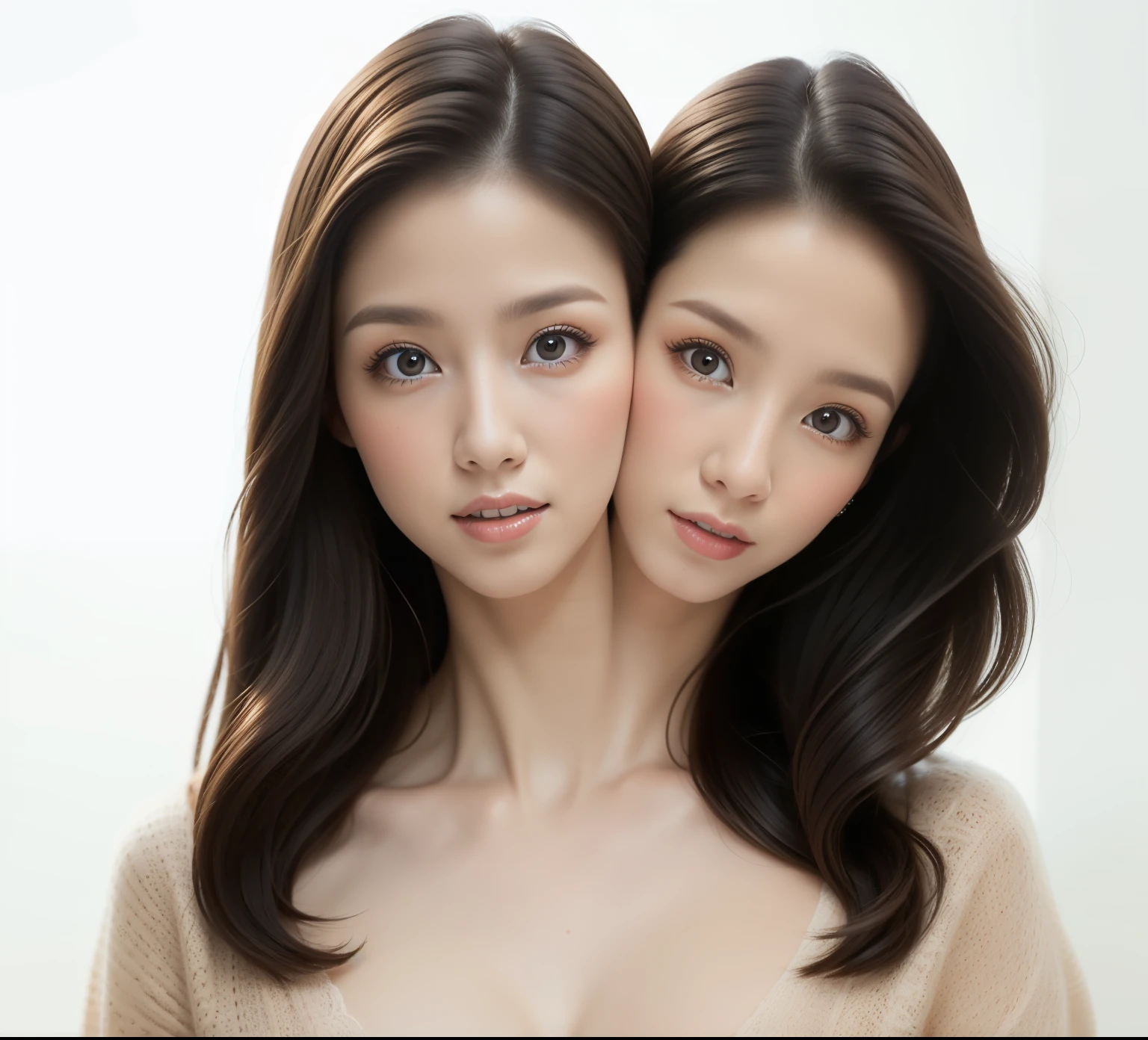 bestresolution, (2heads:1.2), heads are positioned direcly next to each other, ears are not visible,