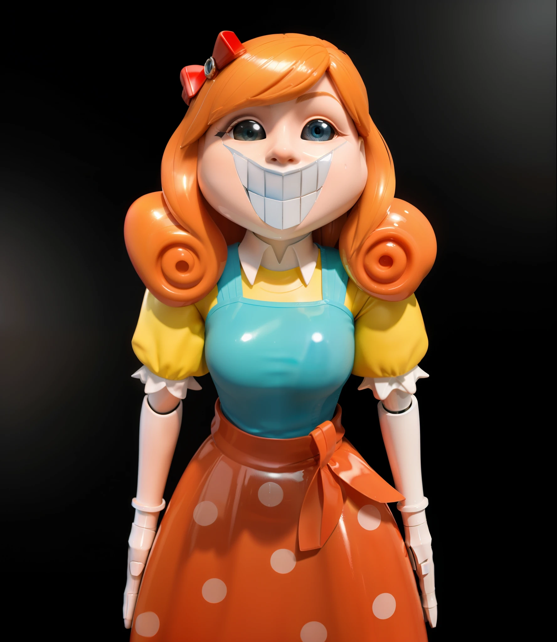 cartoon doll girl, doll, game character, videogame character, creepy doll, large creepy smile, doll with creepy smile and red eyes, insane, doll toy, glossy texture, smooth 3d model, multiple light sources, rim light, sharp post effects render, (glossy plastic texture with multiple big light probe refractions), perfect cgi, smooth silhouette, high intensity refraction, (super glossy material), most beautiful vfx, blue background, plastic refractions, realistic, 4k, high resolution, rim light, she is flying, she is laying on the floor, photo shoot, commercial photo, profile shot, 4k, rim light, high resolution, 4k, glossy texture, smooth 3d model, multiple light sources, rim light, sharp post effects render, (glossy metallic texture with multiple big light probe refractions), perfect cgi, cgi art created only with gradients, smooth silhouette, high intensity refraction, (super glossy chrome material), most beautiful vfx, blue background, chrome metal refractions, multiple light sources, rim light, sharp post effects render, perfect cgi, digital art, detailed digital art, reflective, best quality, 4k, masterpiece:1.2, ultra-detailed, realistic, vivid colors, dark and moody lighting, The image of the highest quality, ensuring every detail showcased perfectly. It in 4k resolution, allowing viewers to immerse themselves in the richness of the colors and intricate details. The realistic rendering. under the spotlight, reflecting, high-resolution image, realistic rendering, dark background, and rim light photorealistic